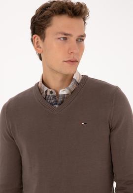 Erkek Slim Fit V Yaka Vizon Basic Kazak - 50313668078