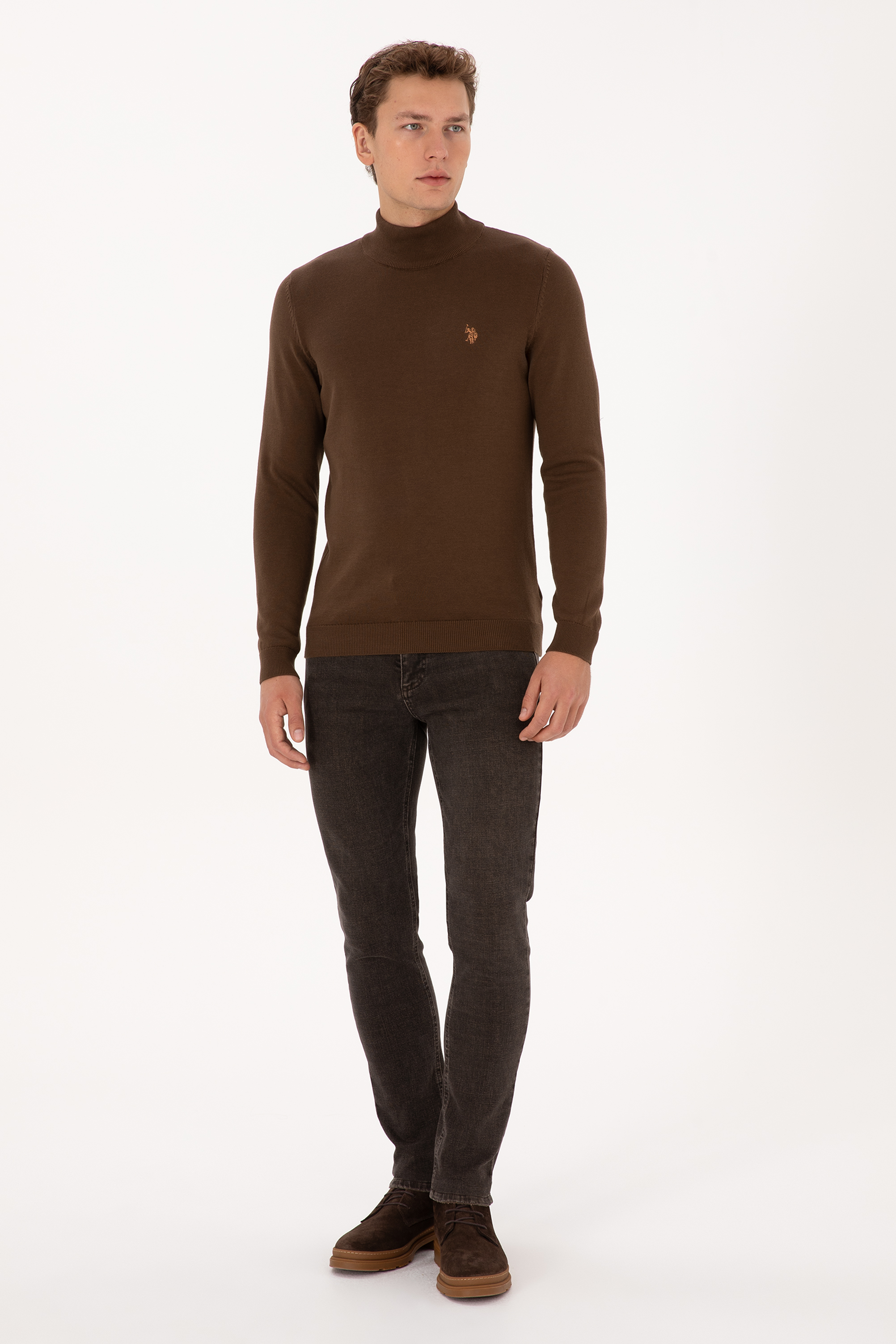 Erkek Slim Fit Boğazlı Kahverengi Basic Kazak