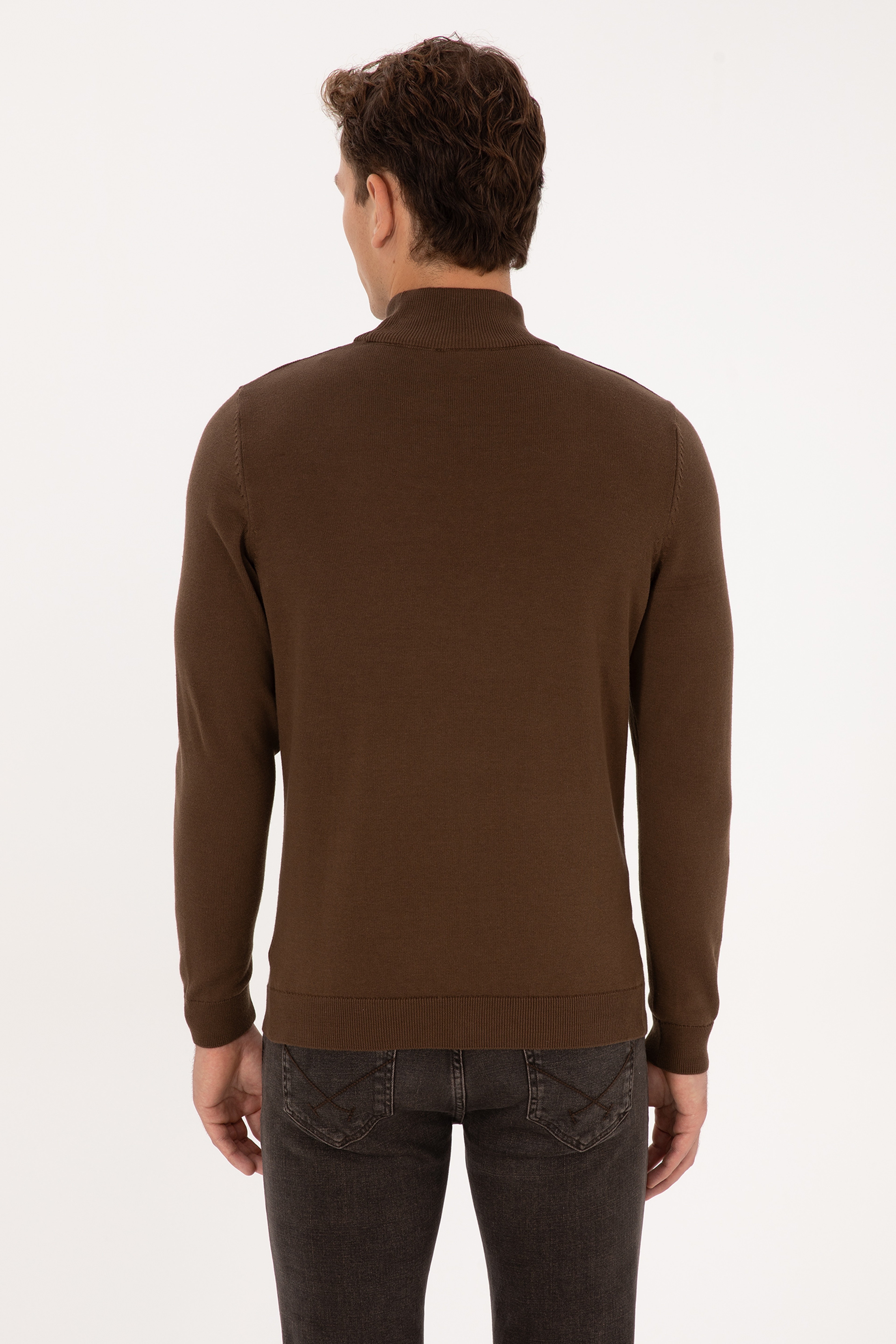 Erkek Slim Fit Boğazlı Kahverengi Basic Kazak - Image 5