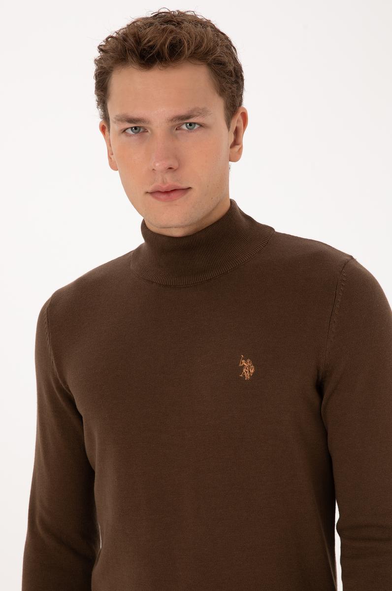 Erkek Slim Fit Boğazlı Kahverengi Basic Kazak