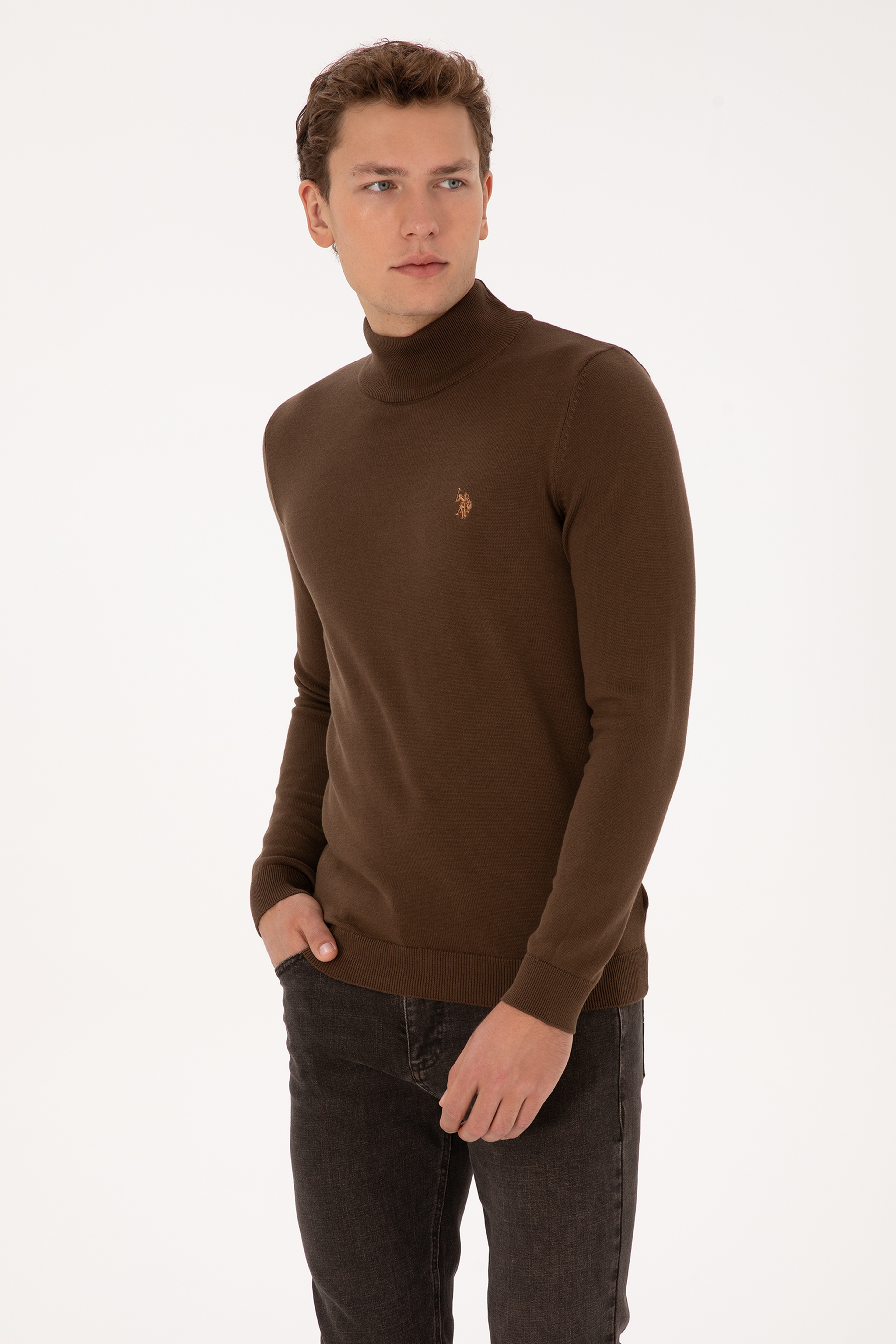 Erkek Slim Fit Boğazlı Kahverengi Basic Kazak - Image 3