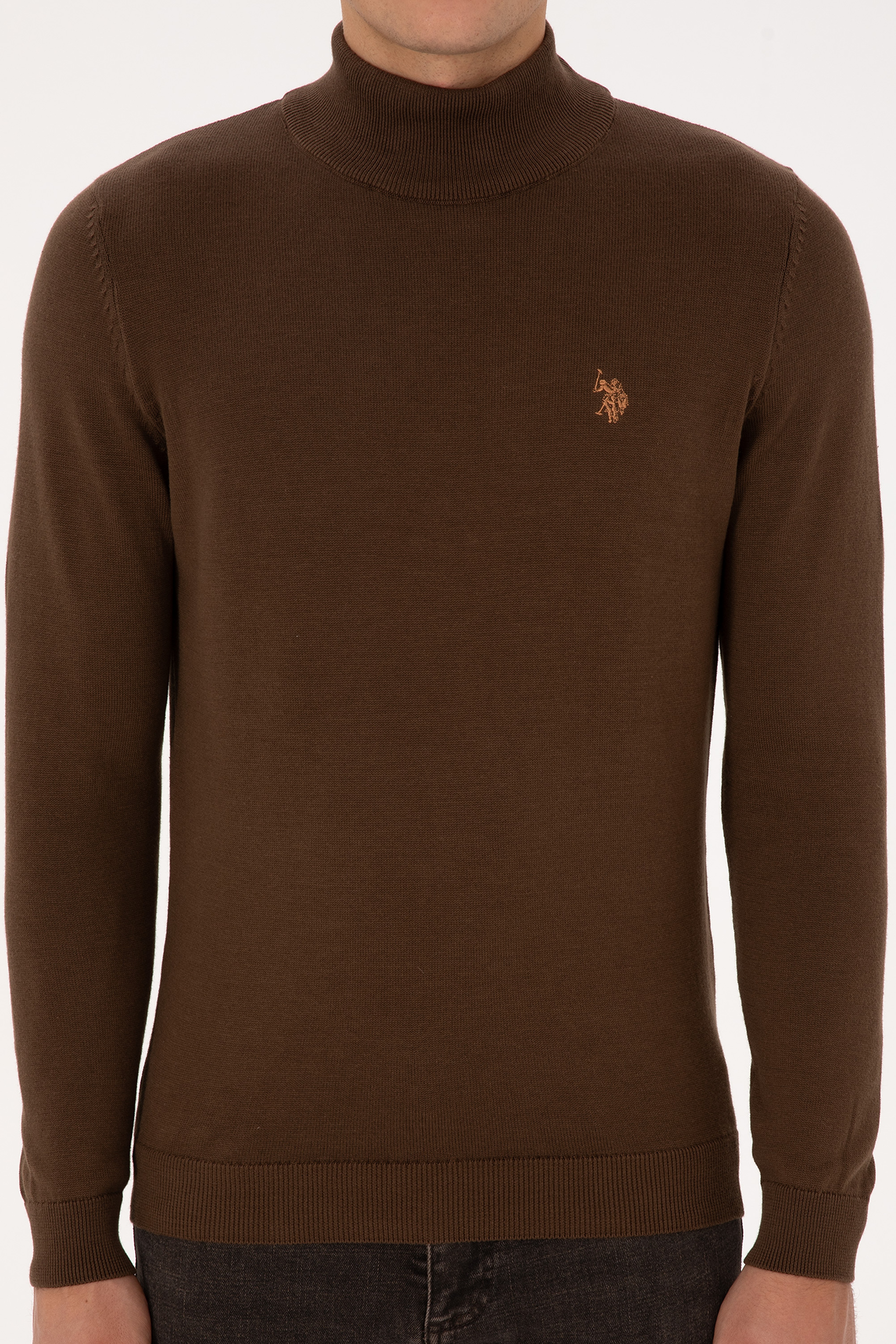 Erkek Slim Fit Boğazlı Kahverengi Basic Kazak - Image 6