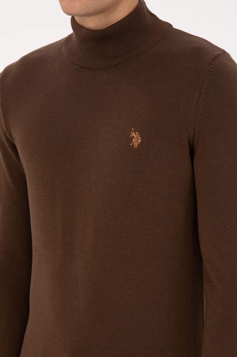 Erkek Slim Fit Boğazlı Kahverengi Basic Kazak