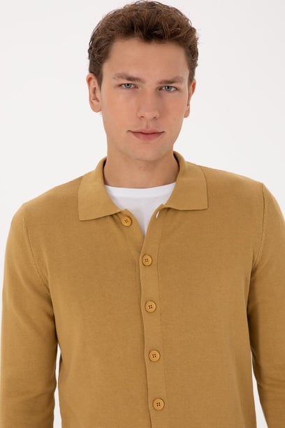 Erkek Polo Yaka Hardal Basic Triko Hırka