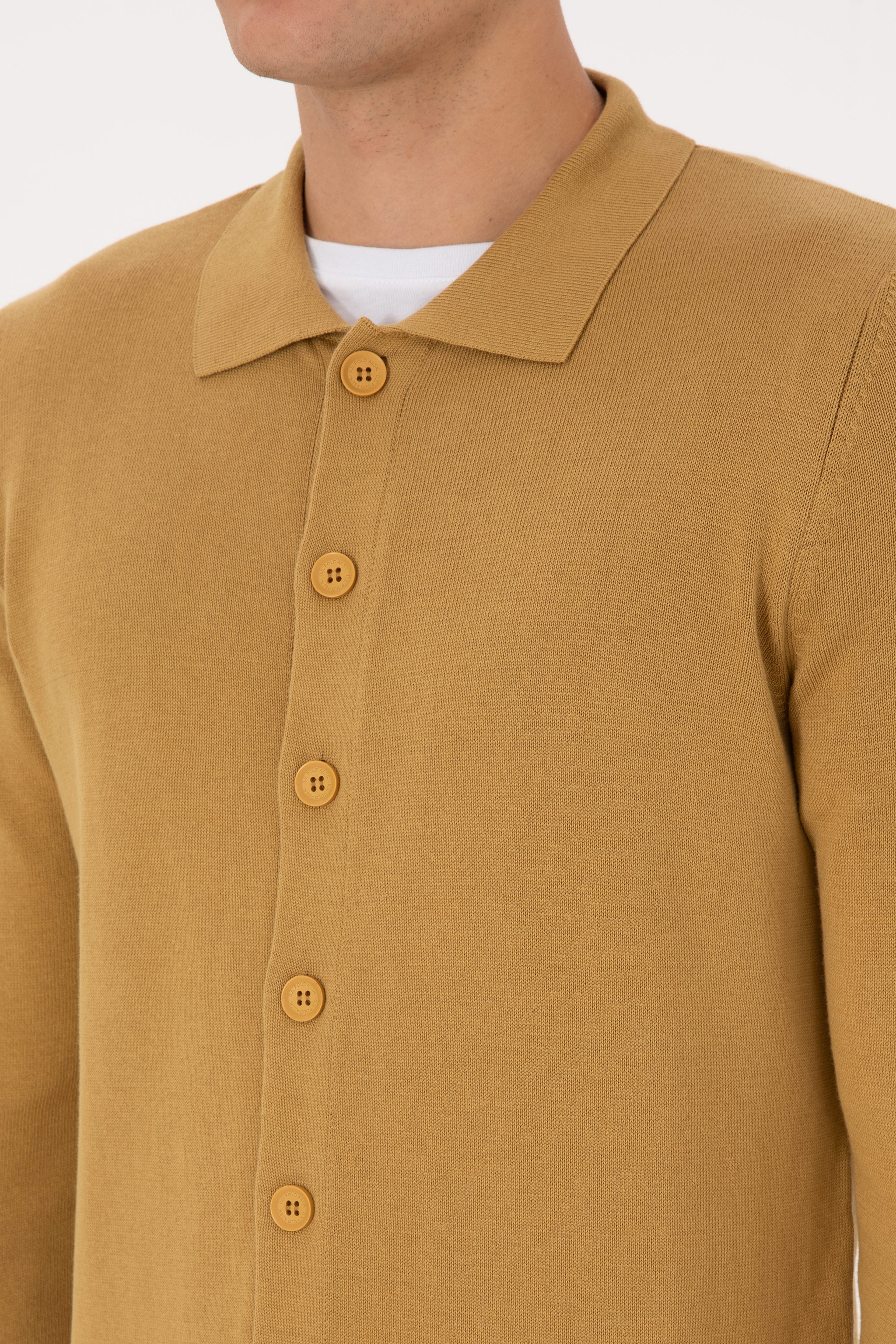 Erkek Polo Yaka Hardal Basic Triko Hırka