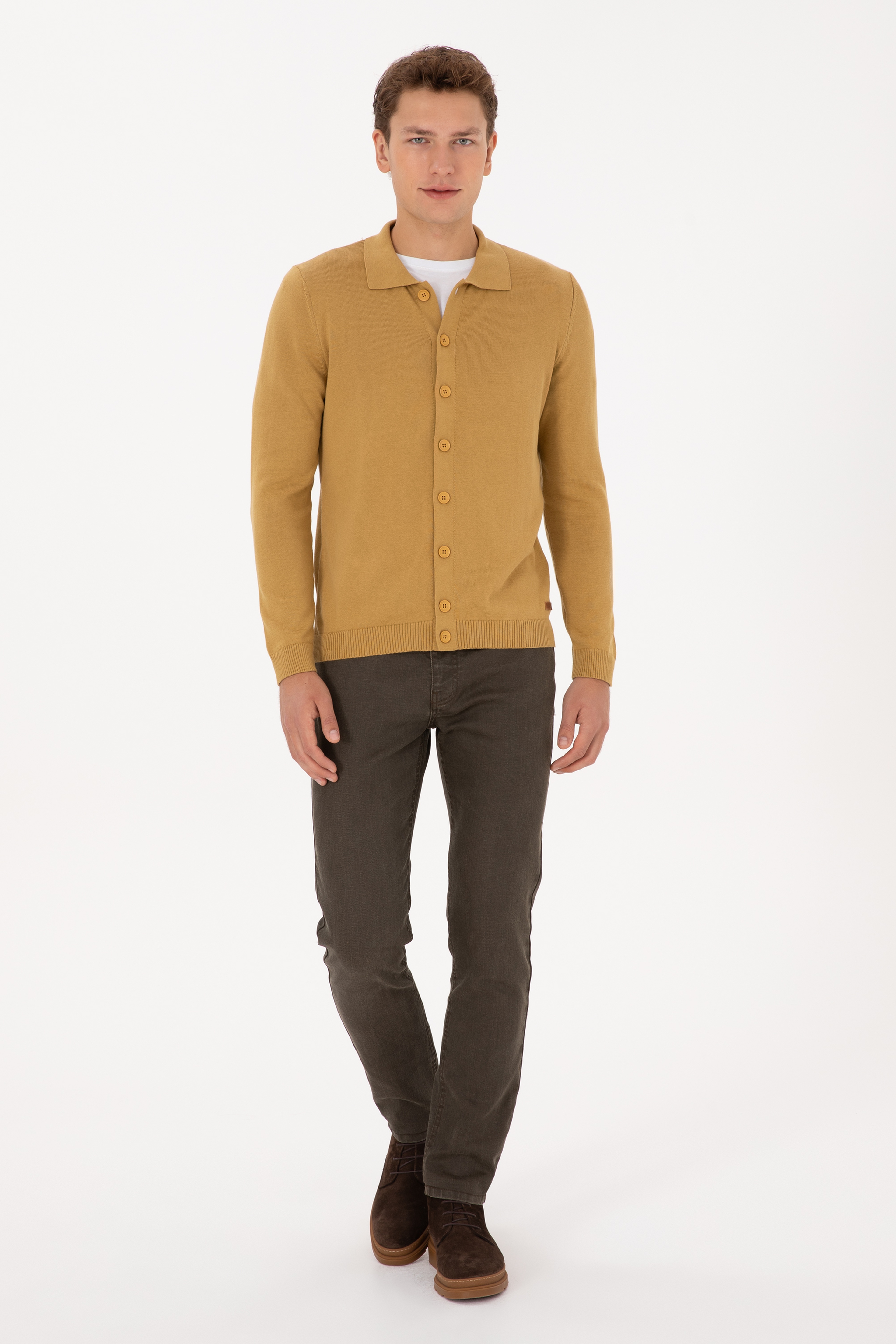Erkek Polo Yaka Hardal Basic Triko Hırka - Image 4