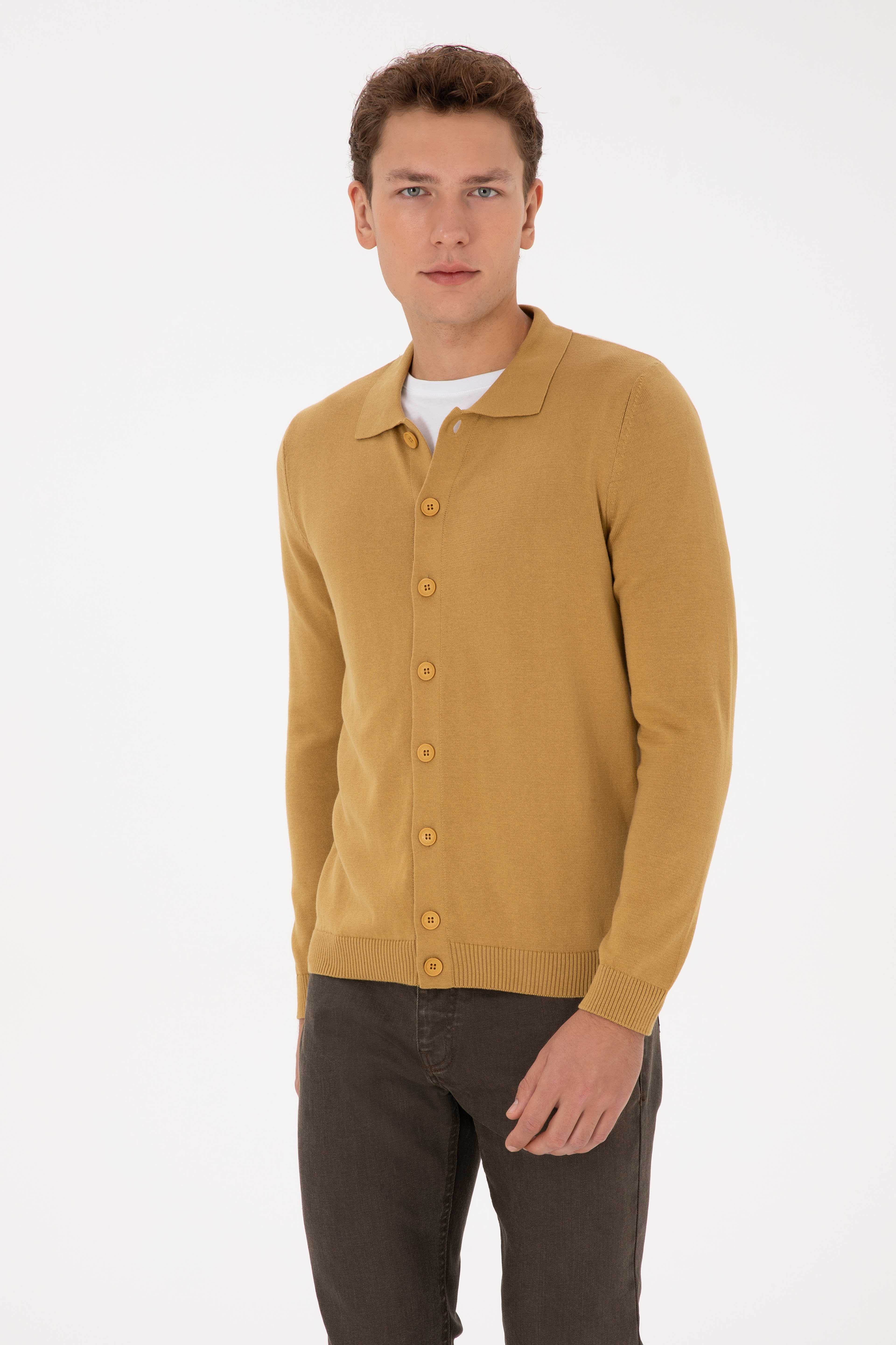 Erkek Polo Yaka Hardal Basic Triko Hırka - Image 3