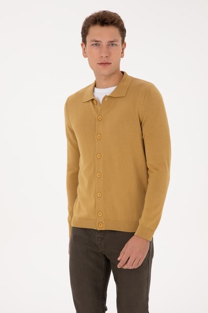 Erkek Polo Yaka Hardal Basic Triko Hırka