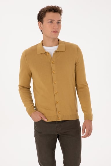 Erkek Polo Yaka Hardal Basic Triko Hırka