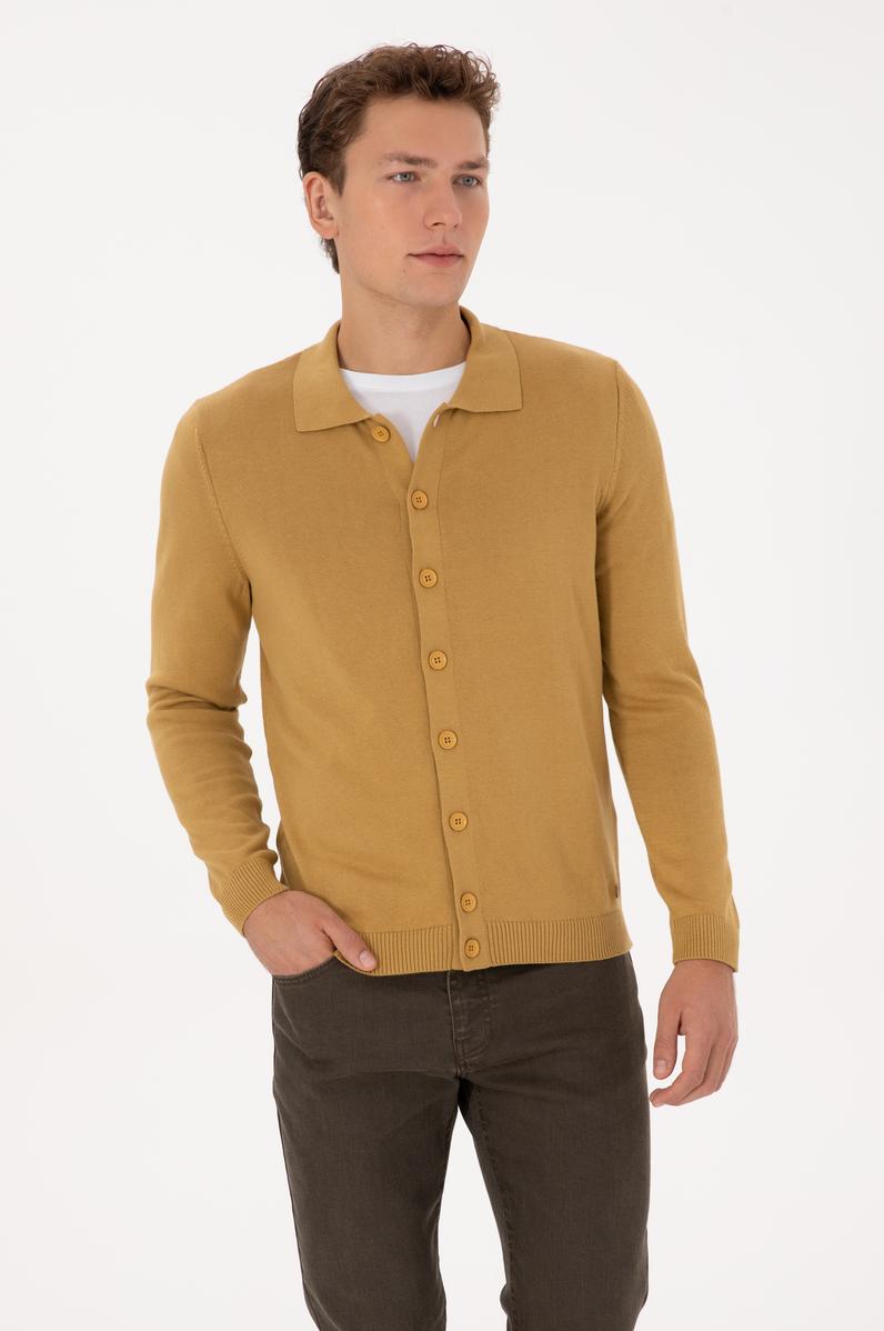 Erkek Hardal Basic Triko Hırka