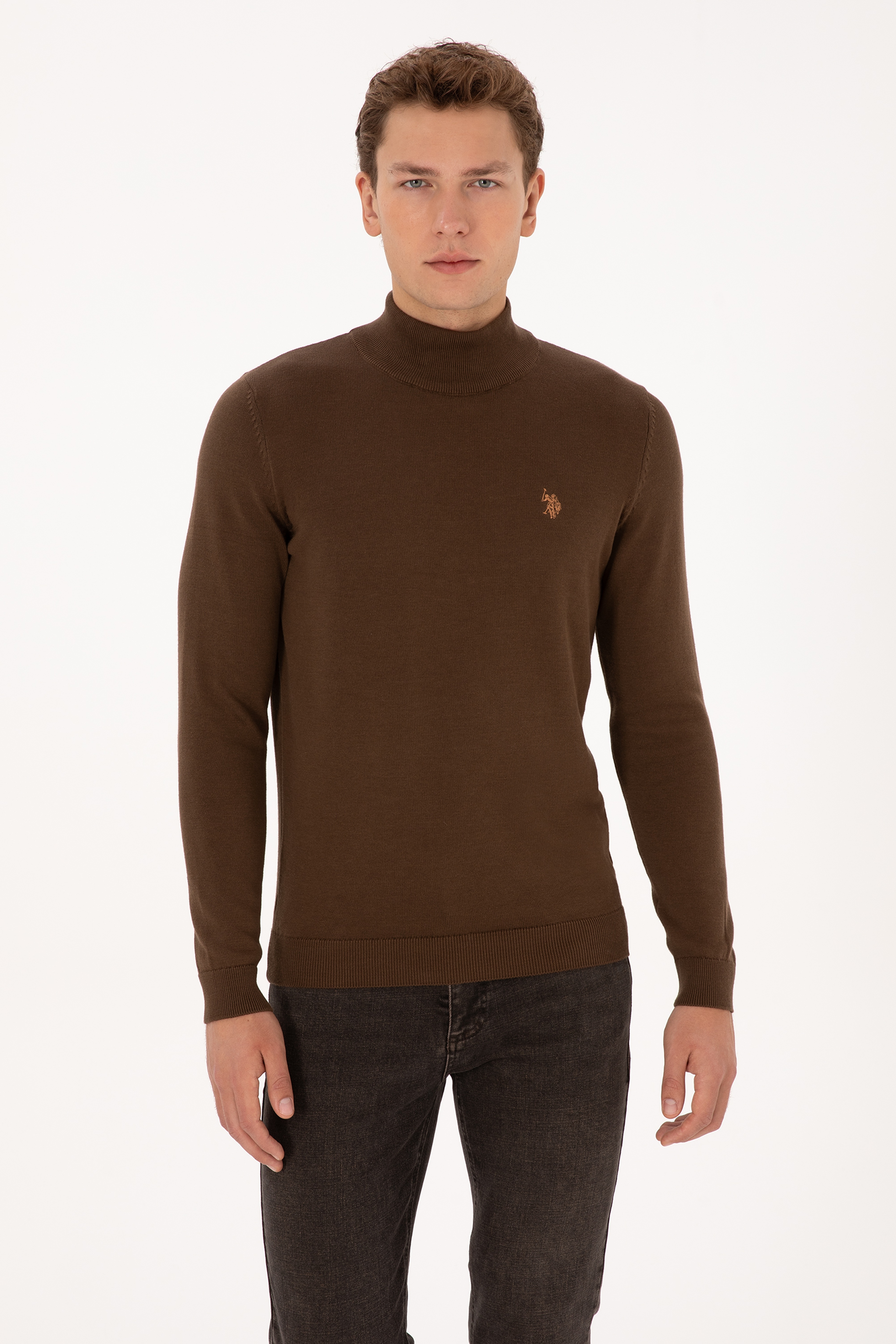 Erkek Slim Fit Boğazlı Kahverengi Basic Kazak - Image 1