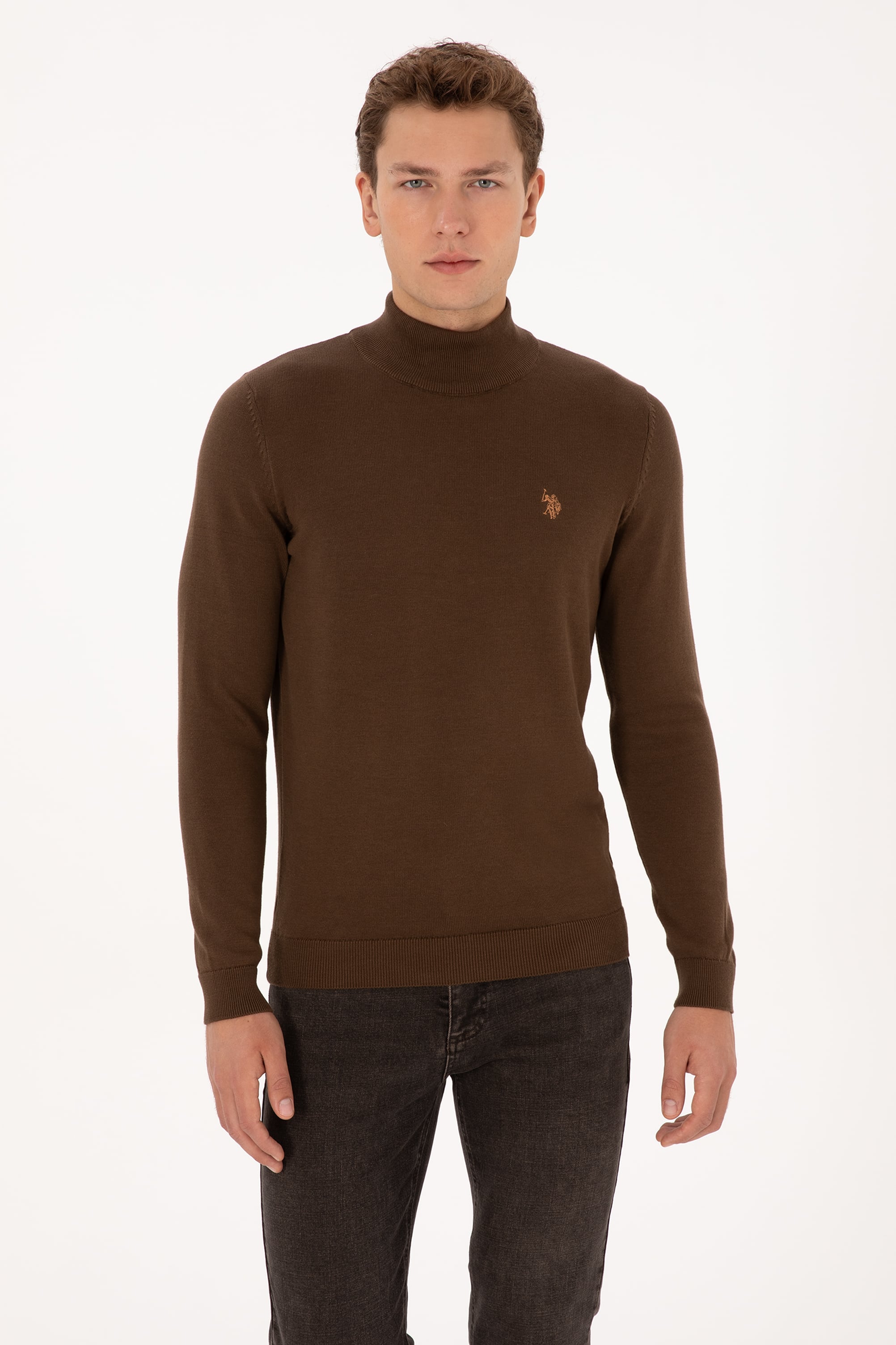Erkek Slim Fit Boğazlı Kahverengi Basic Kazak