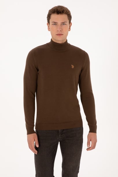 Erkek Slim Fit Boğazlı Kahverengi Basic Kazak