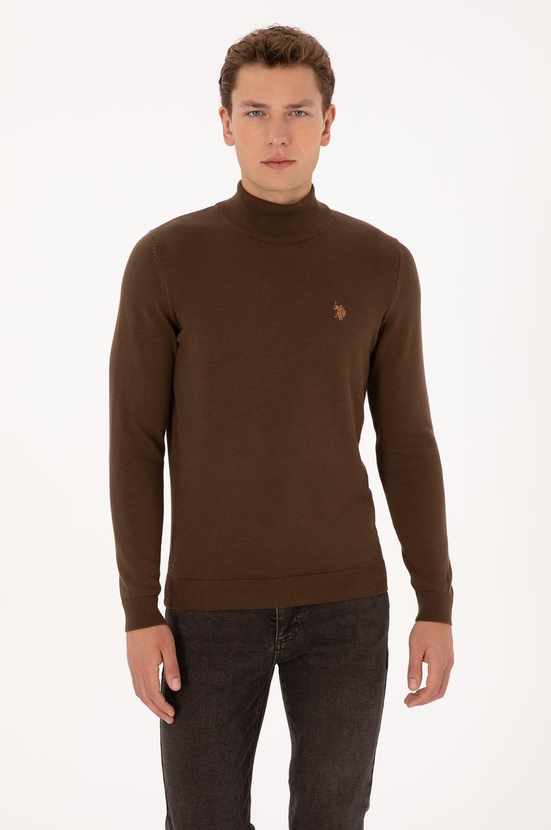 Erkek Slim Fit Boğazlı Kahverengi Basic Kazak