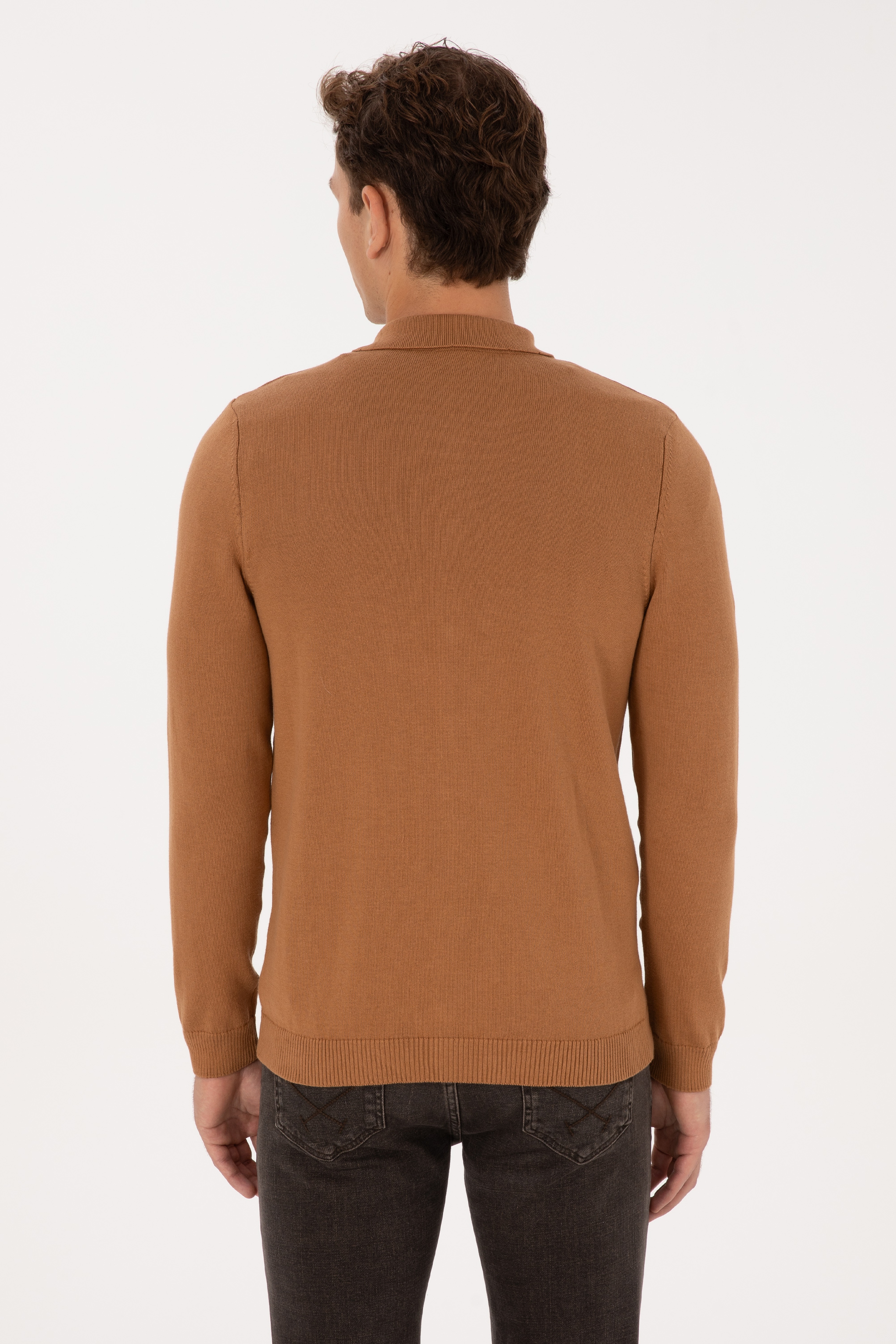 Erkek Polo Yaka Camel Basic Triko Hırka - Image 5