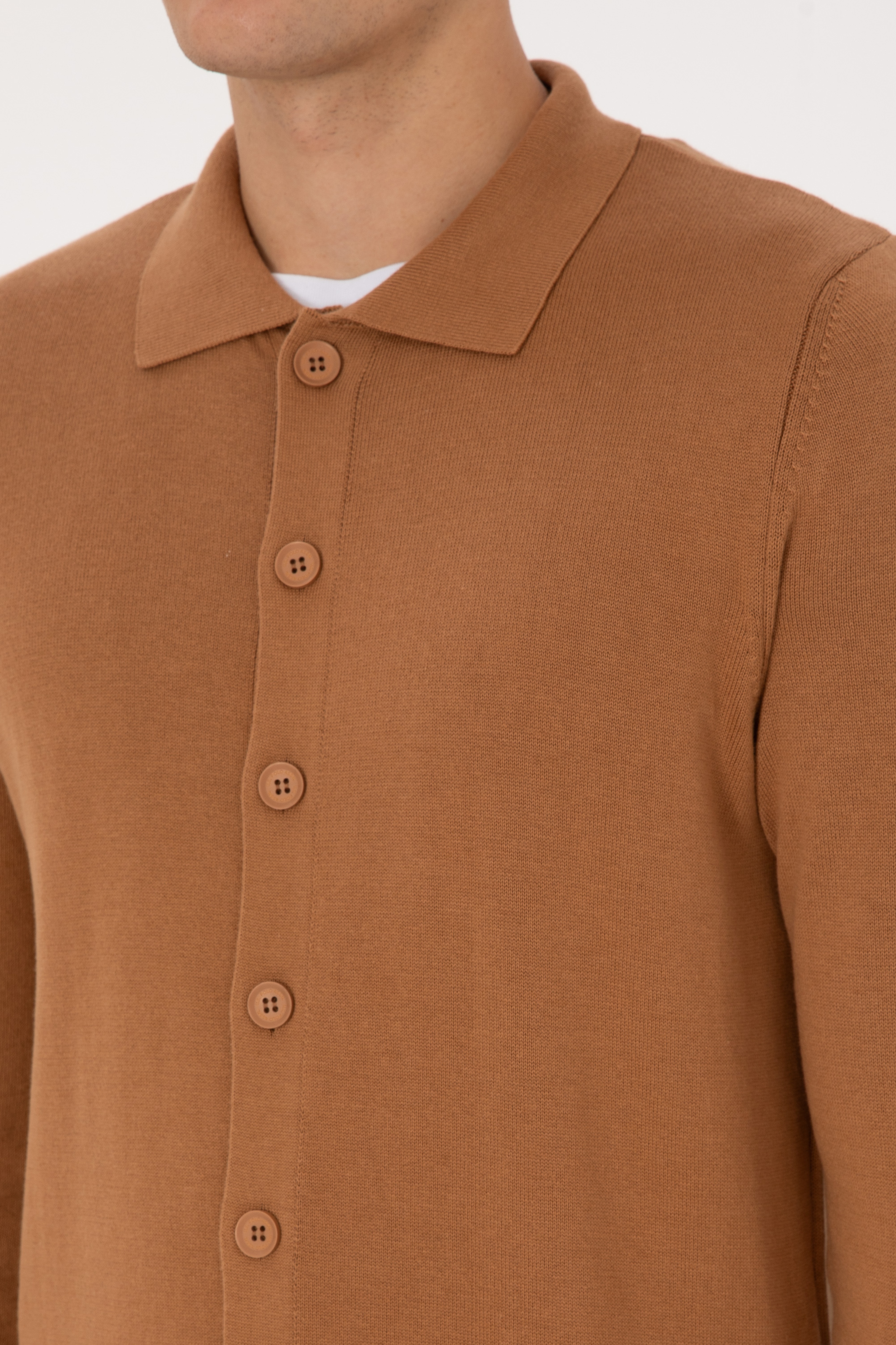 Erkek Polo Yaka Camel Basic Triko Hırka