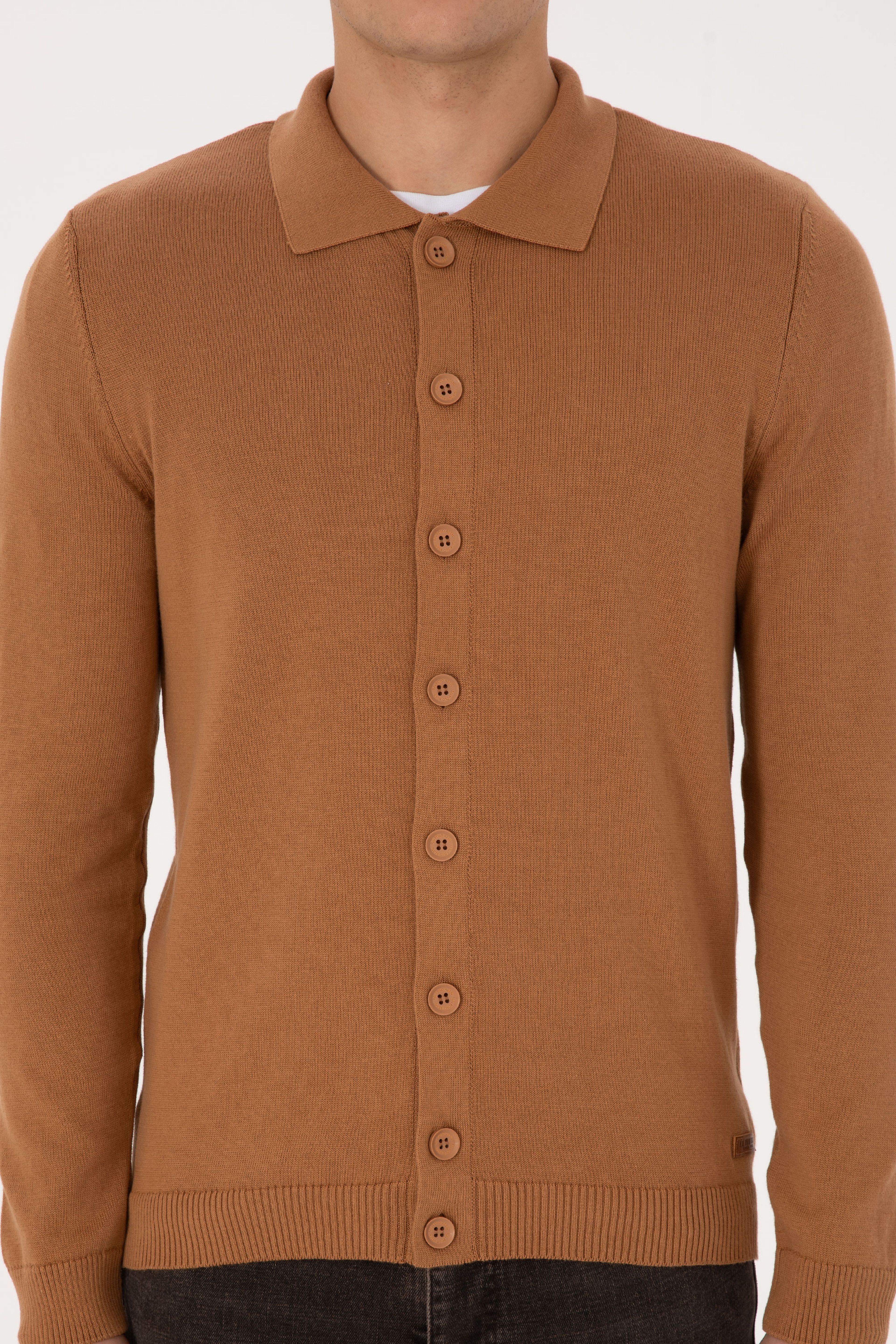 Erkek Polo Yaka Camel Basic Triko Hırka - Image 6