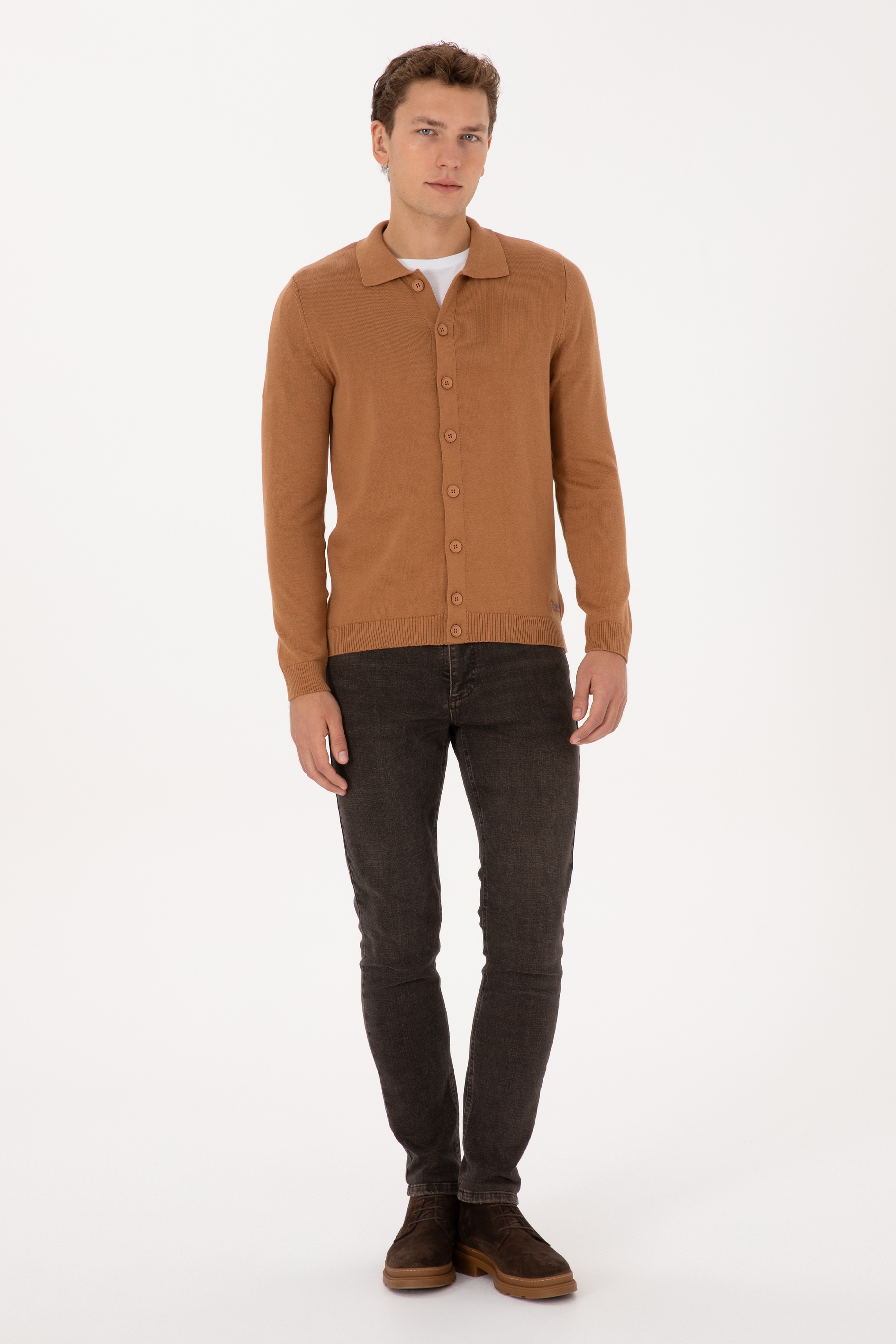 Erkek Polo Yaka Camel Basic Triko Hırka