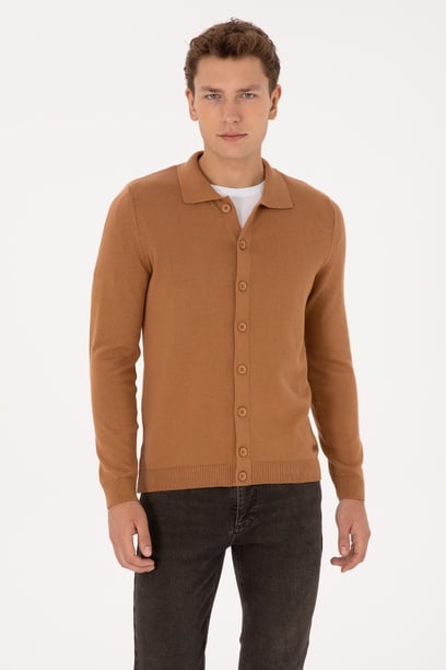 Erkek Polo Yaka Camel Basic Triko Hırka