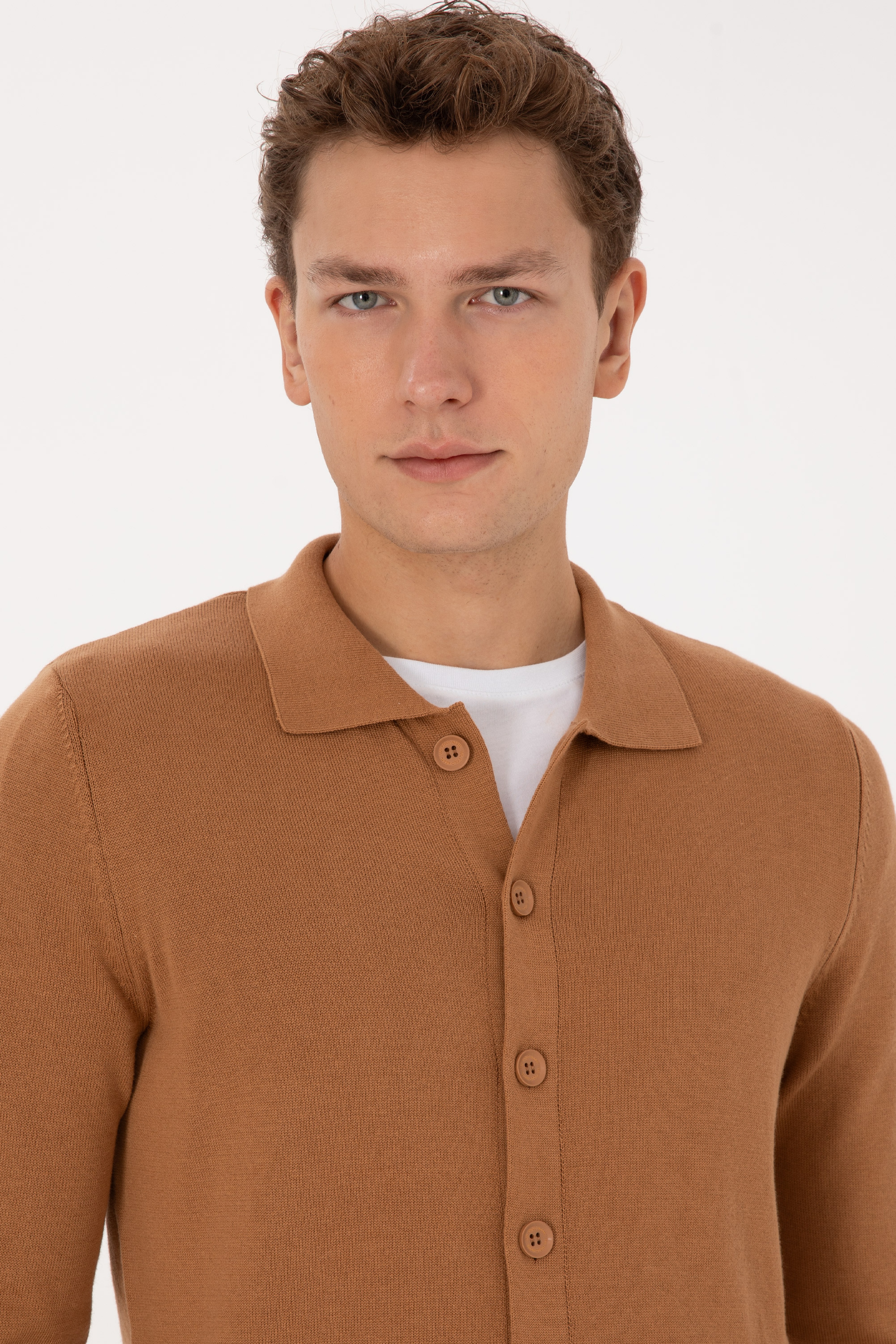Erkek Polo Yaka Camel Basic Triko Hırka