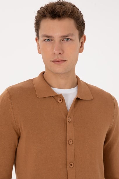 Erkek Polo Yaka Camel Basic Triko Hırka