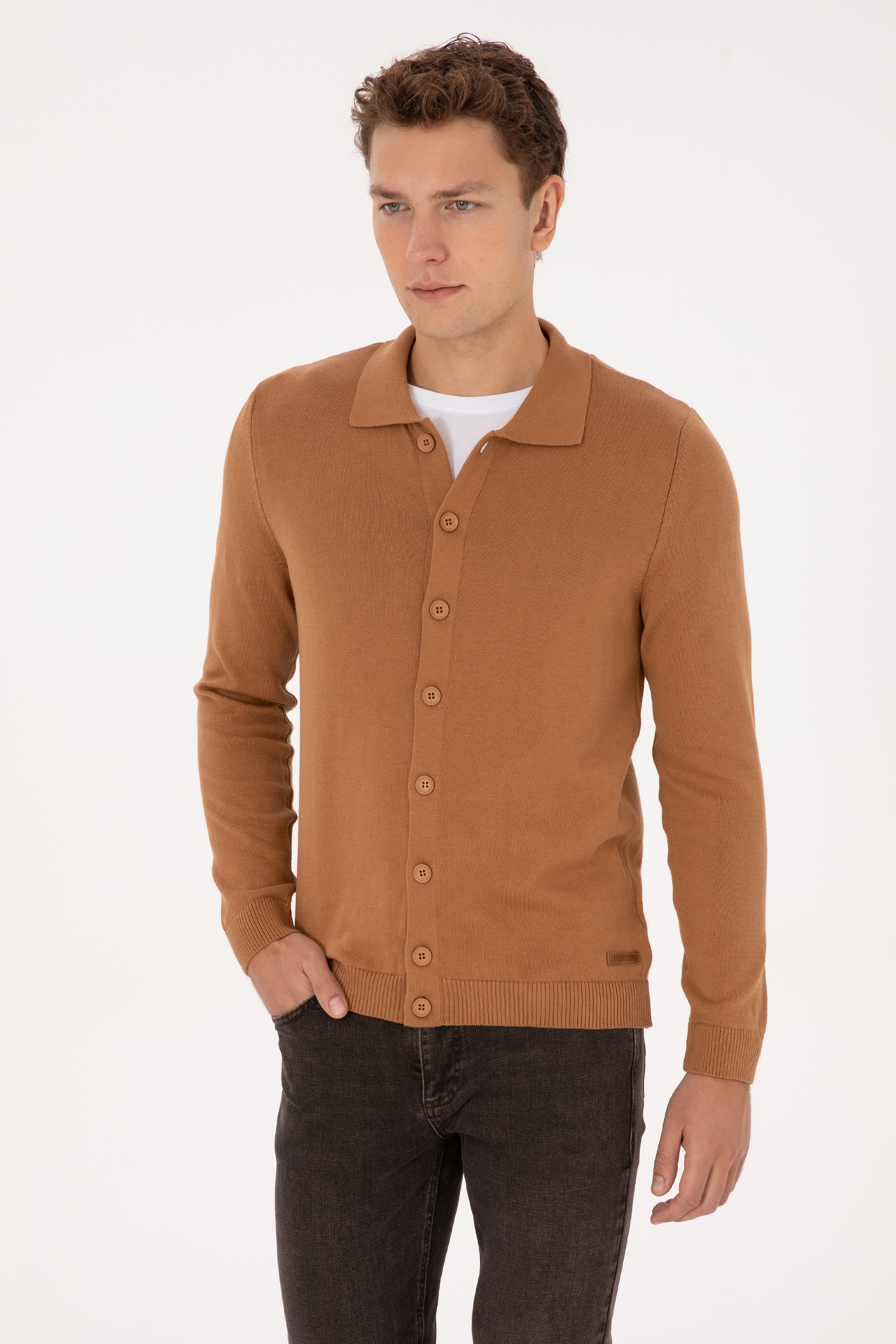 Erkek Polo Yaka Camel Basic Triko Hırka