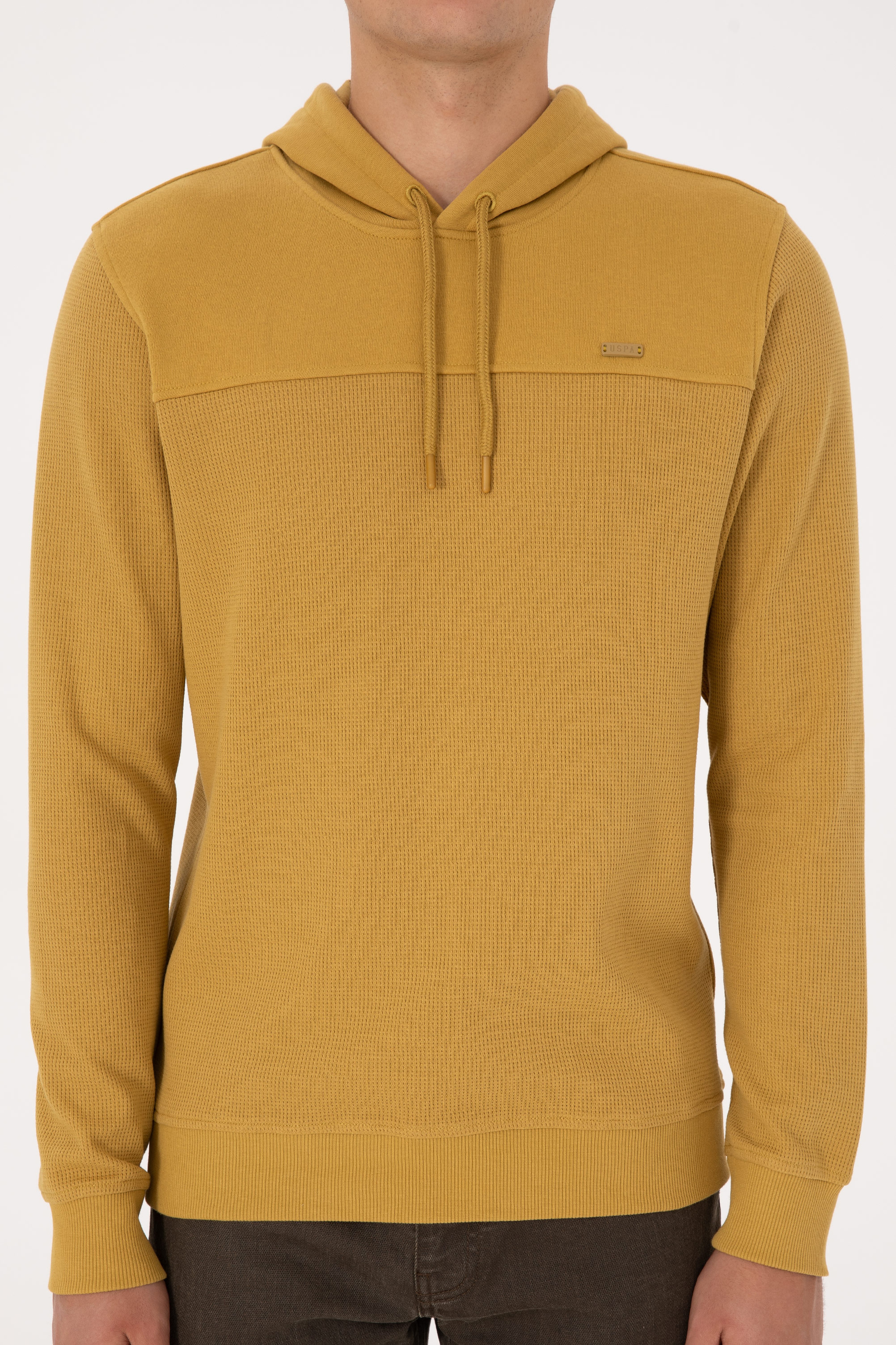 Erkek Regular Fit Kapüşonlu Petek Dokulu Hardal Sweatshirt