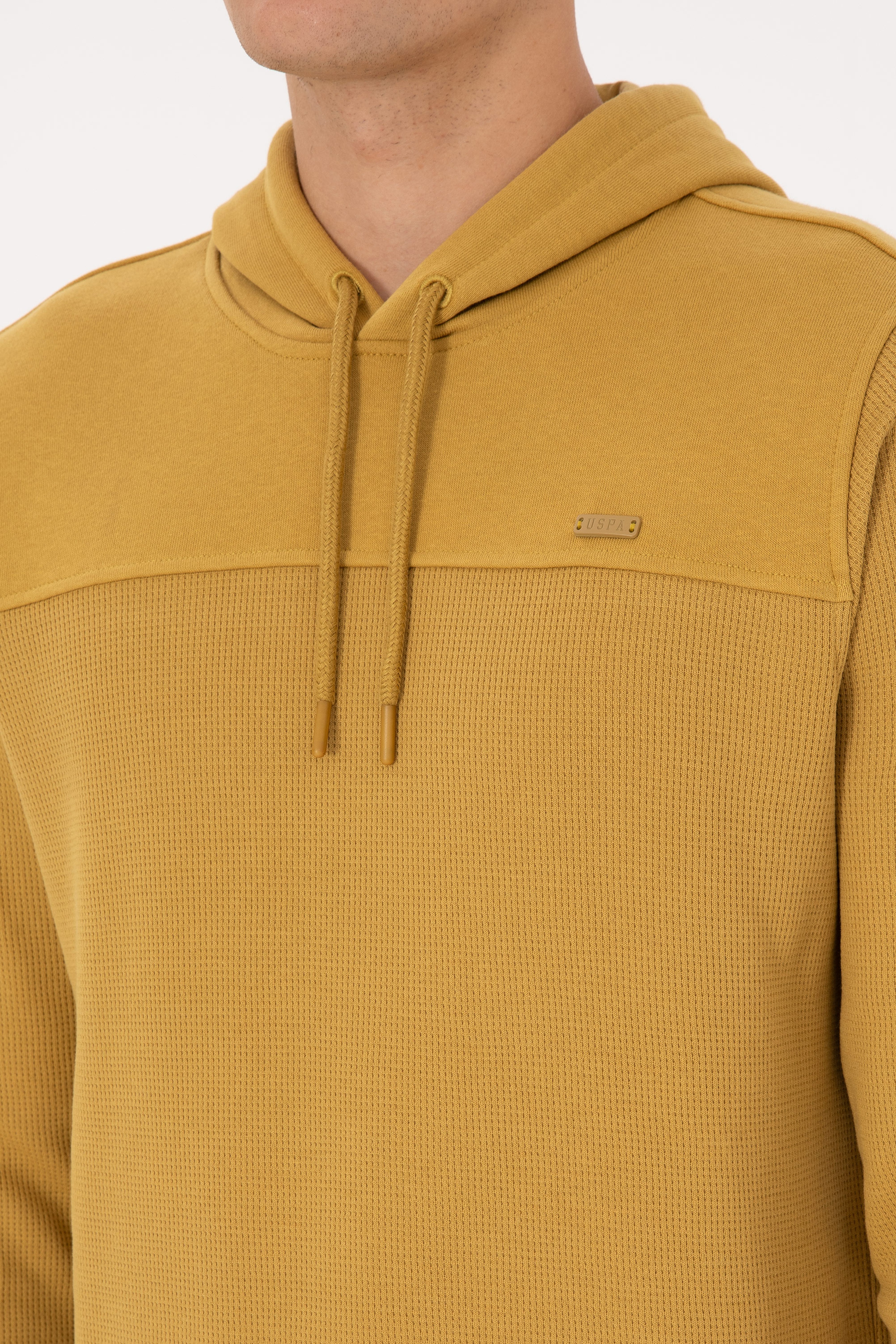 Erkek Regular Fit Kapüşonlu Petek Dokulu Hardal Sweatshirt - Image 7