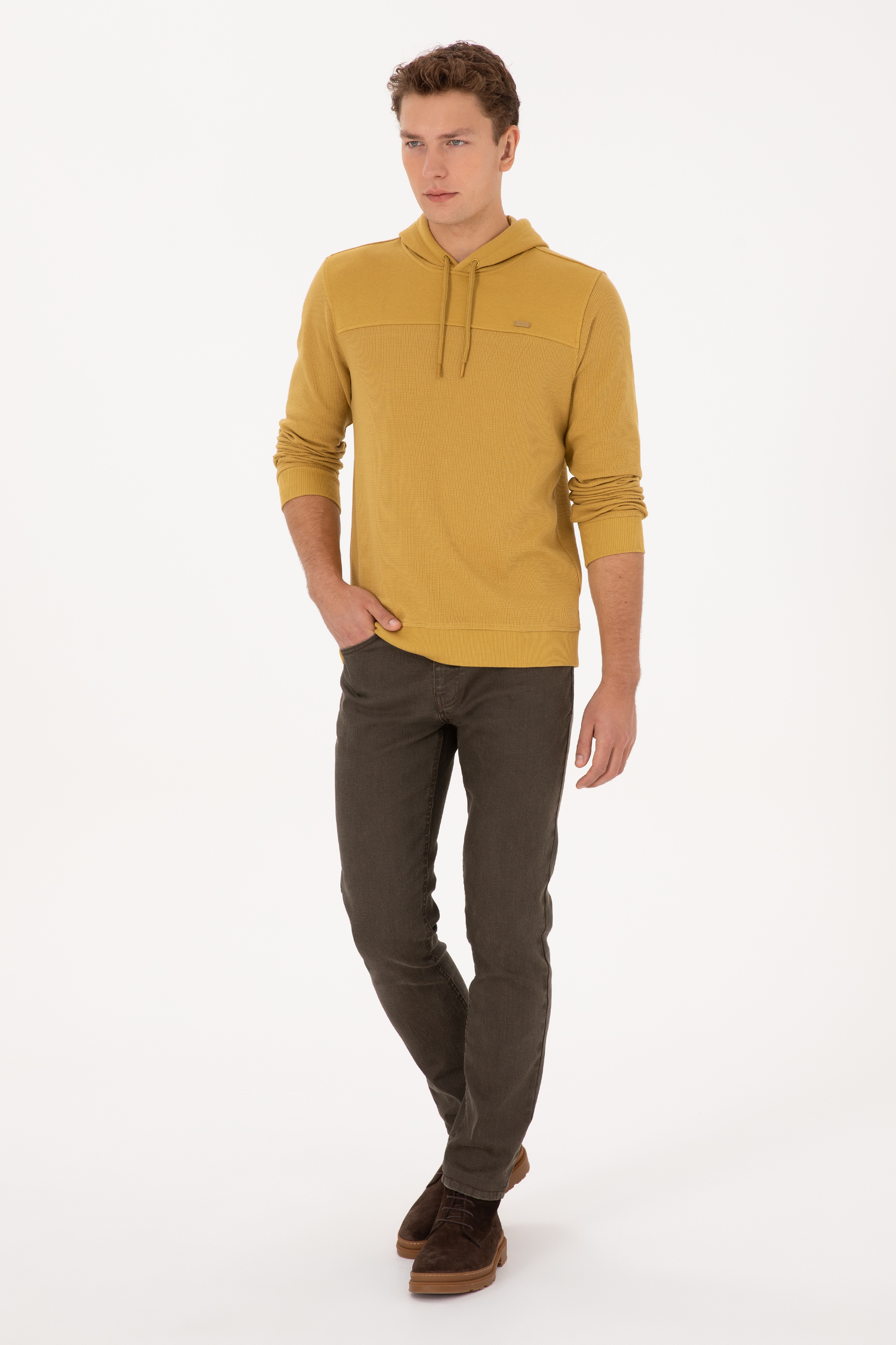 Erkek Regular Fit Kapüşonlu Petek Dokulu Hardal Sweatshirt