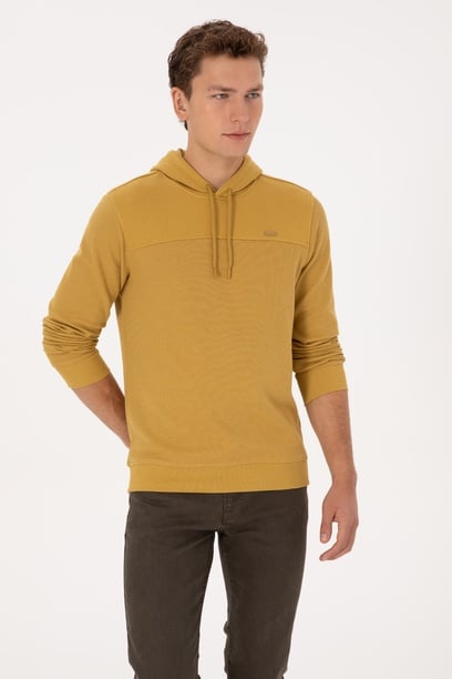 Erkek Regular Fit Kapüşonlu Petek Dokulu Hardal Sweatshirt