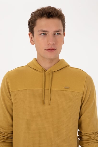 Erkek Regular Fit Kapüşonlu Petek Dokulu Hardal Sweatshirt