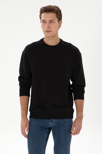 Erkek Comfort Fit Bisiklet Yaka Siyah İnce Sweatshirt