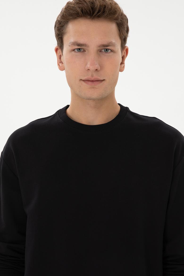Erkek Comfort Fit Bisiklet Yaka Siyah İnce Sweatshirt - 50316378009