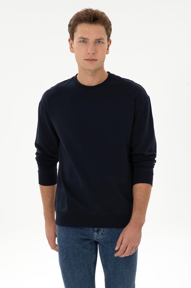 Erkek Comfort Fit Bisiklet Yaka Lacivert İnce Sweatshirt