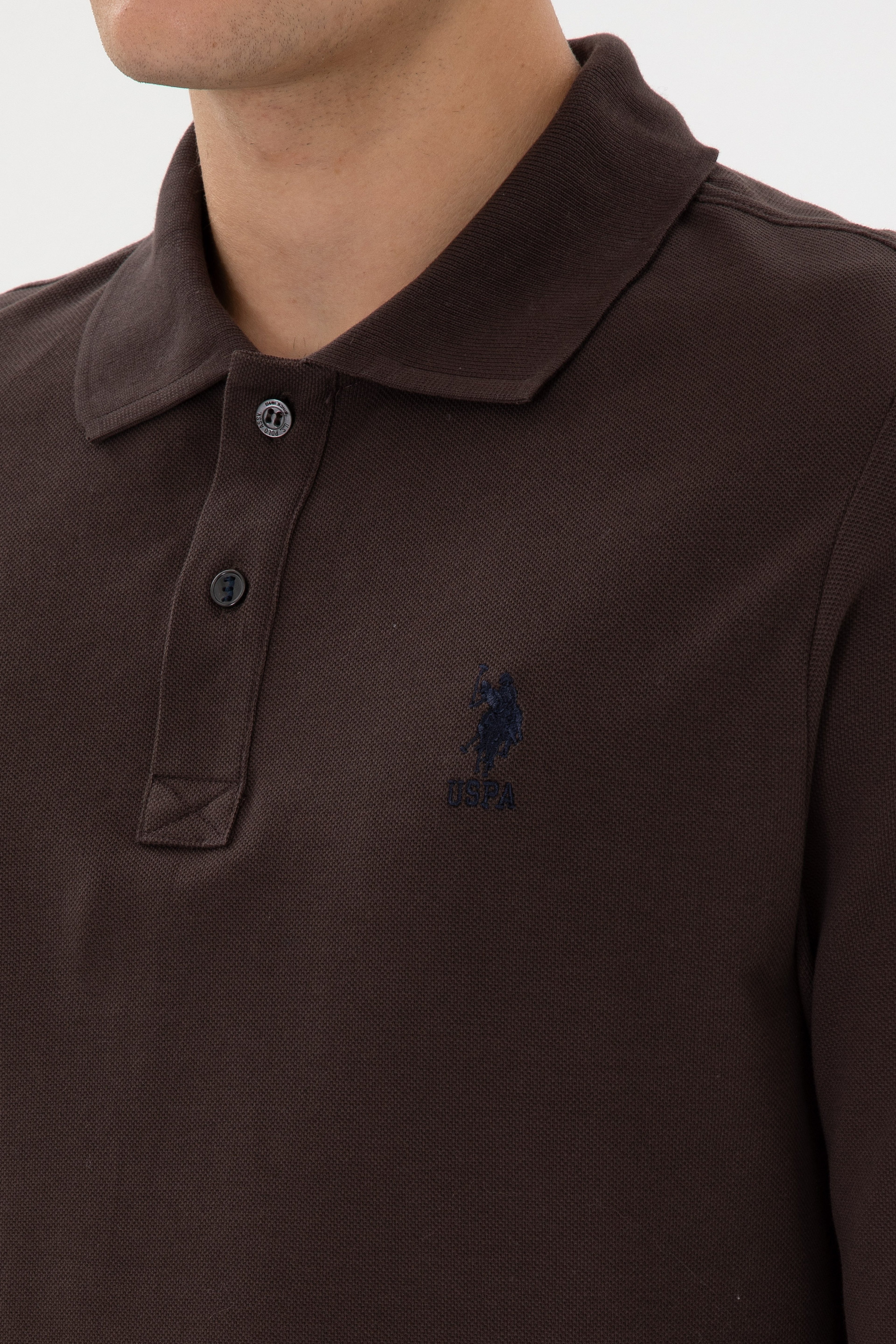 Erkek Regular Fit Polo Yaka Koyu Kahverengi Basic Sweatshirt