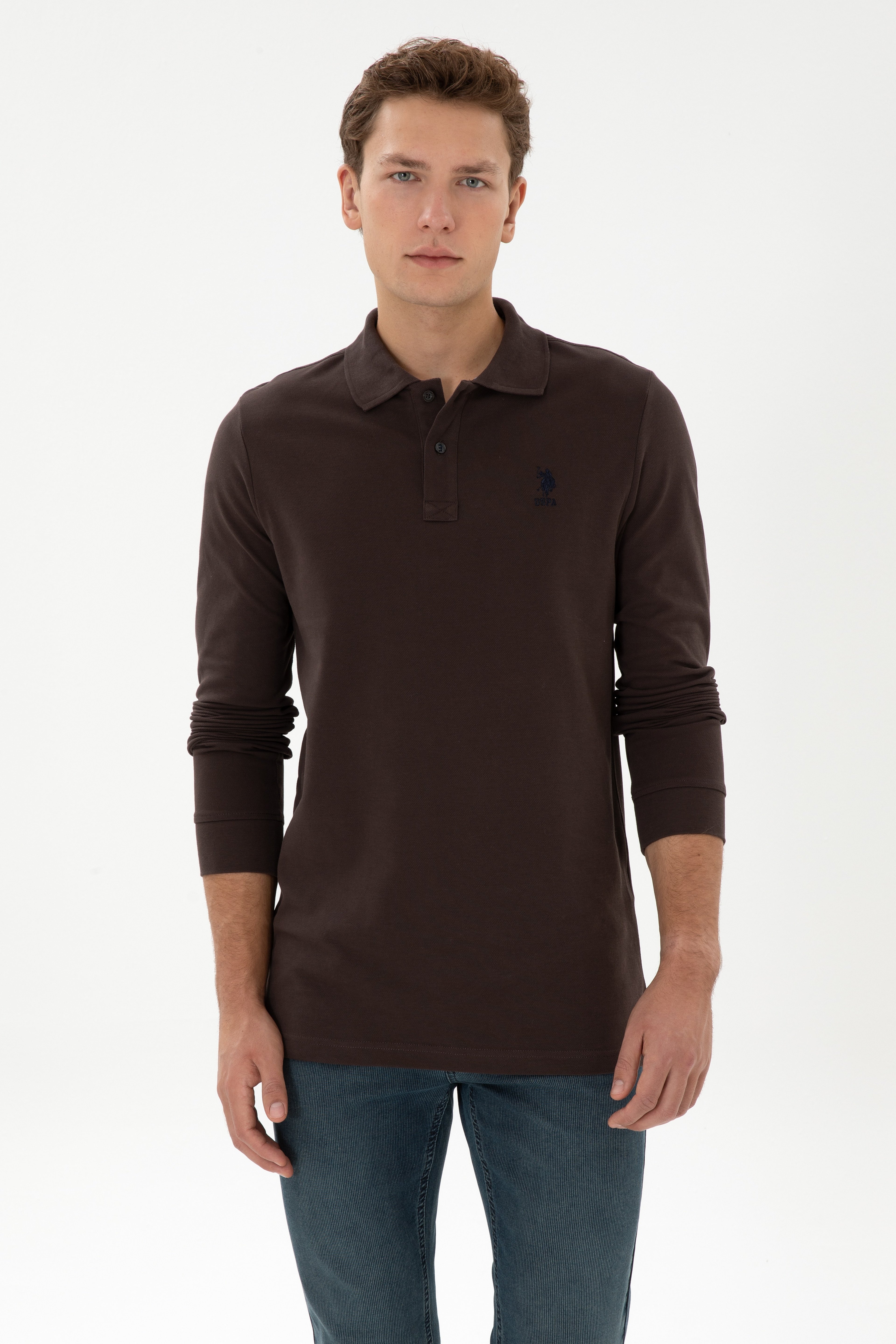 Erkek Regular Fit Polo Yaka Koyu Kahverengi Basic Sweatshirt - Image 3