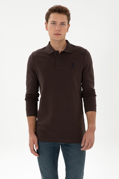 Erkek Regular Fit Polo Yaka Koyu Kahverengi Basic Sweatshirt