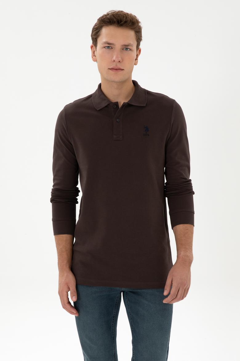 Erkek Regular Fit Polo Yaka Koyu Kahverengi Basic Sweatshirt - 50317510008