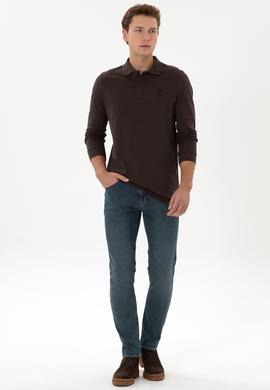 Erkek Regular Fit Polo Yaka Koyu Kahverengi Basic Sweatshirt - 50317510008