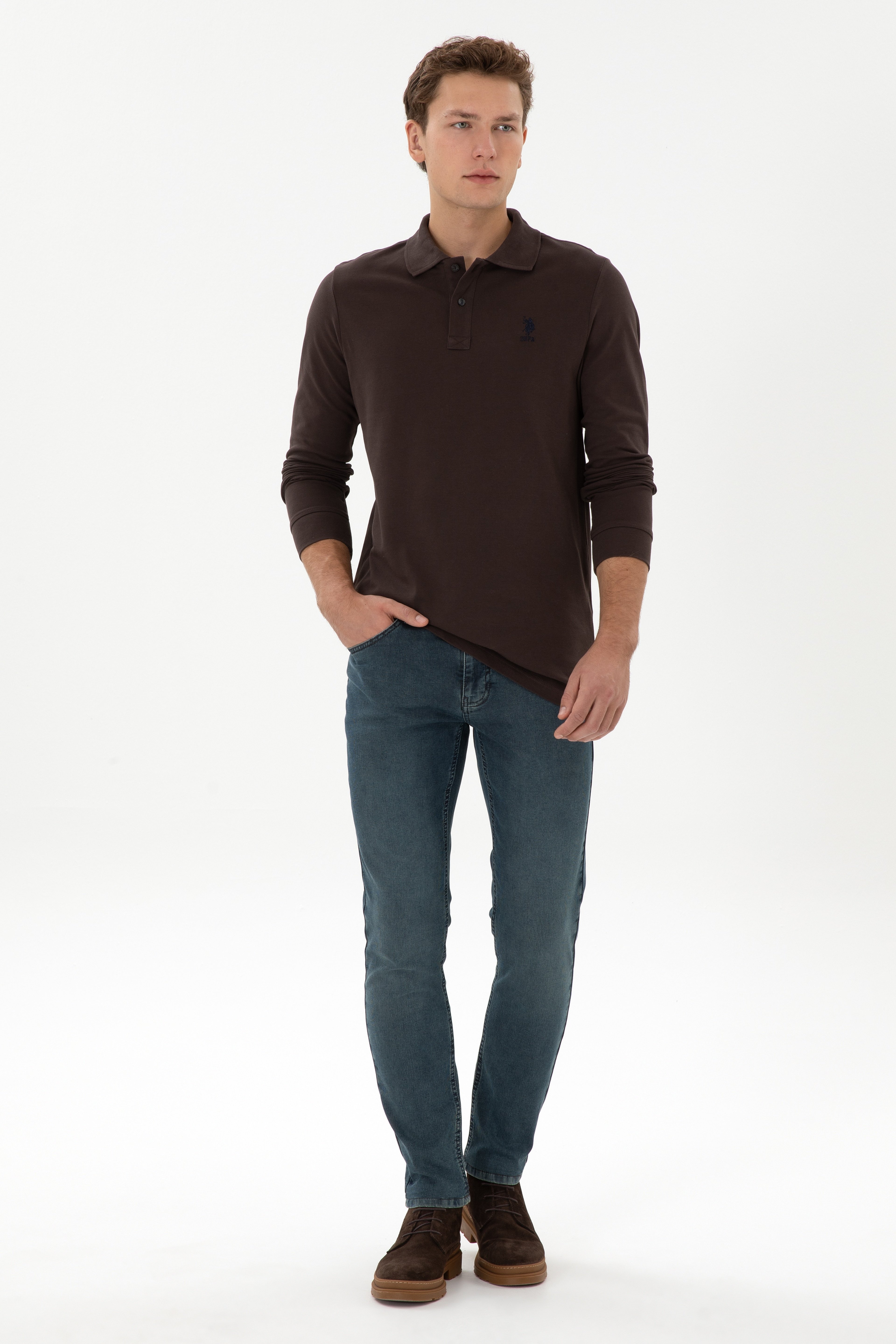 Erkek Regular Fit Polo Yaka Koyu Kahverengi Basic Sweatshirt - Image 4