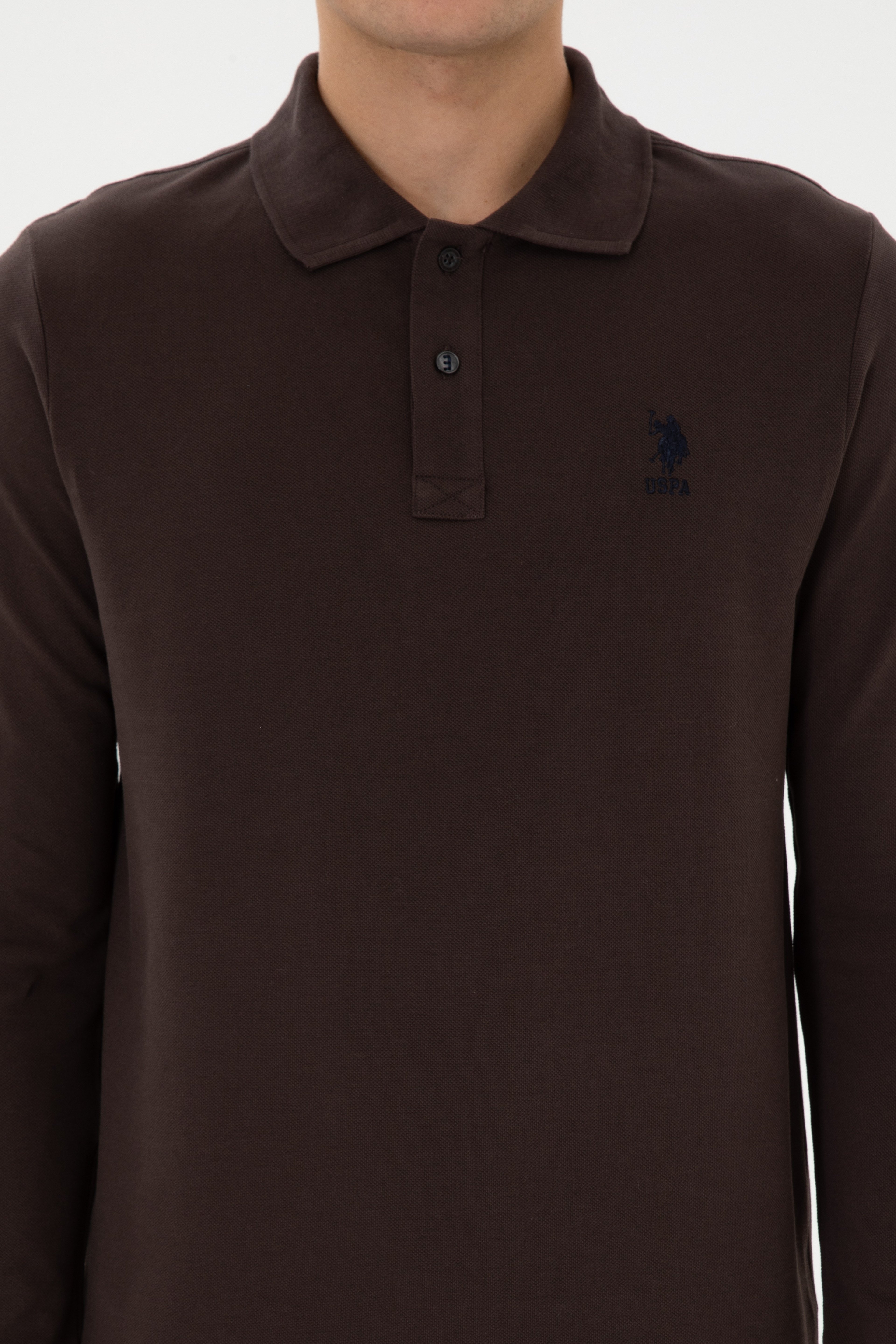 Erkek Regular Fit Polo Yaka Koyu Kahverengi Basic Sweatshirt - Image 6