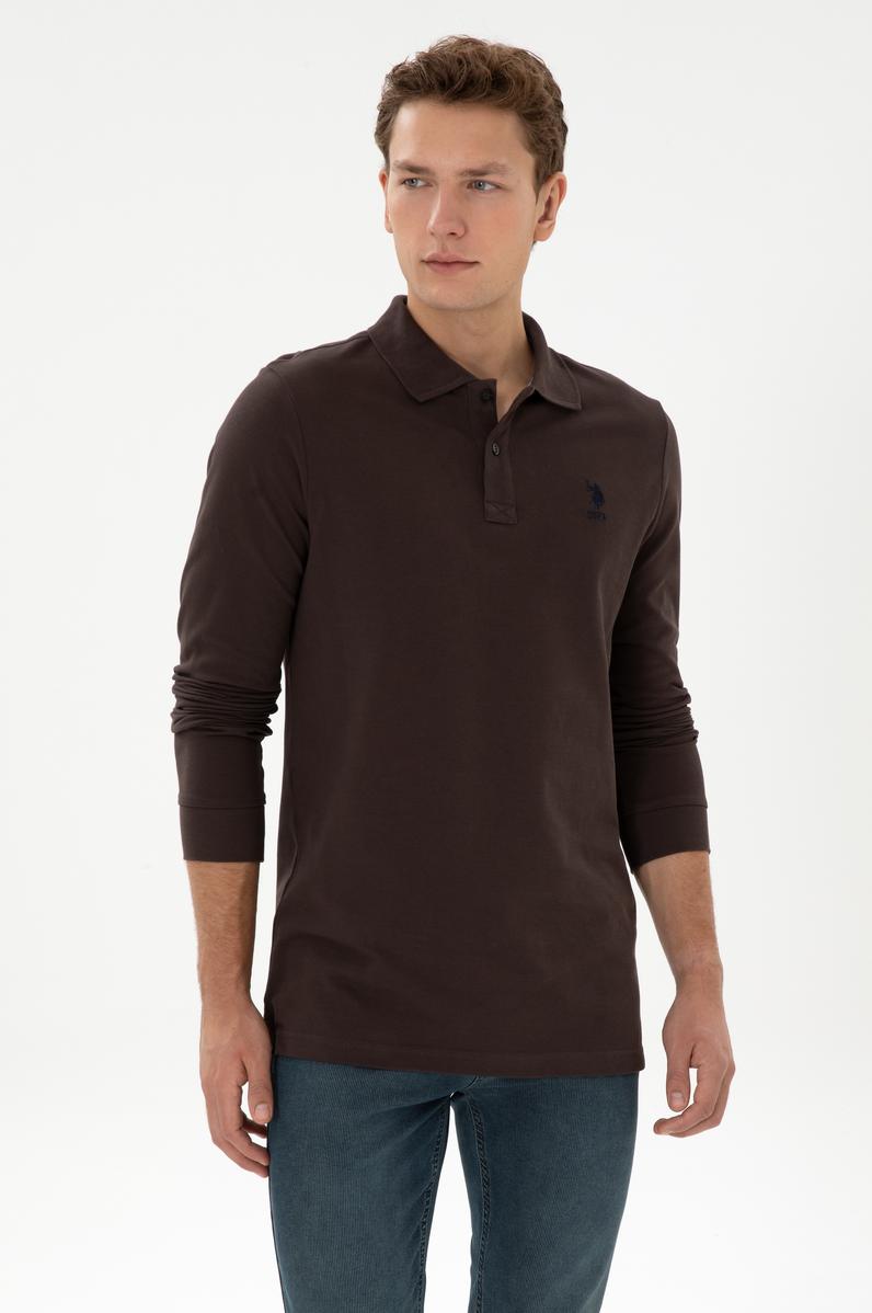 Erkek Regular Fit Polo Yaka Koyu Kahverengi Basic Sweatshirt
