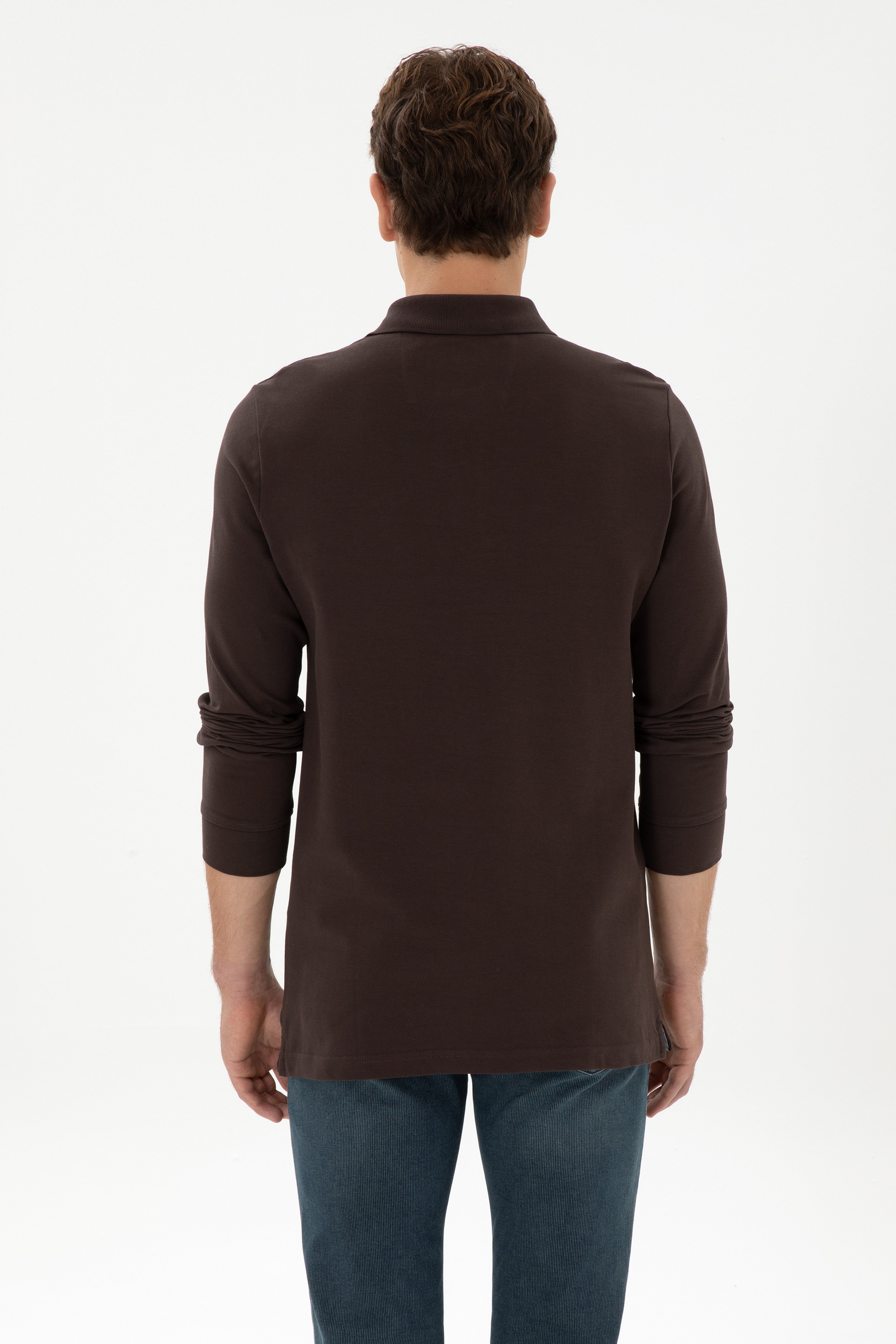 Erkek Regular Fit Polo Yaka Koyu Kahverengi Basic Sweatshirt - Image 5