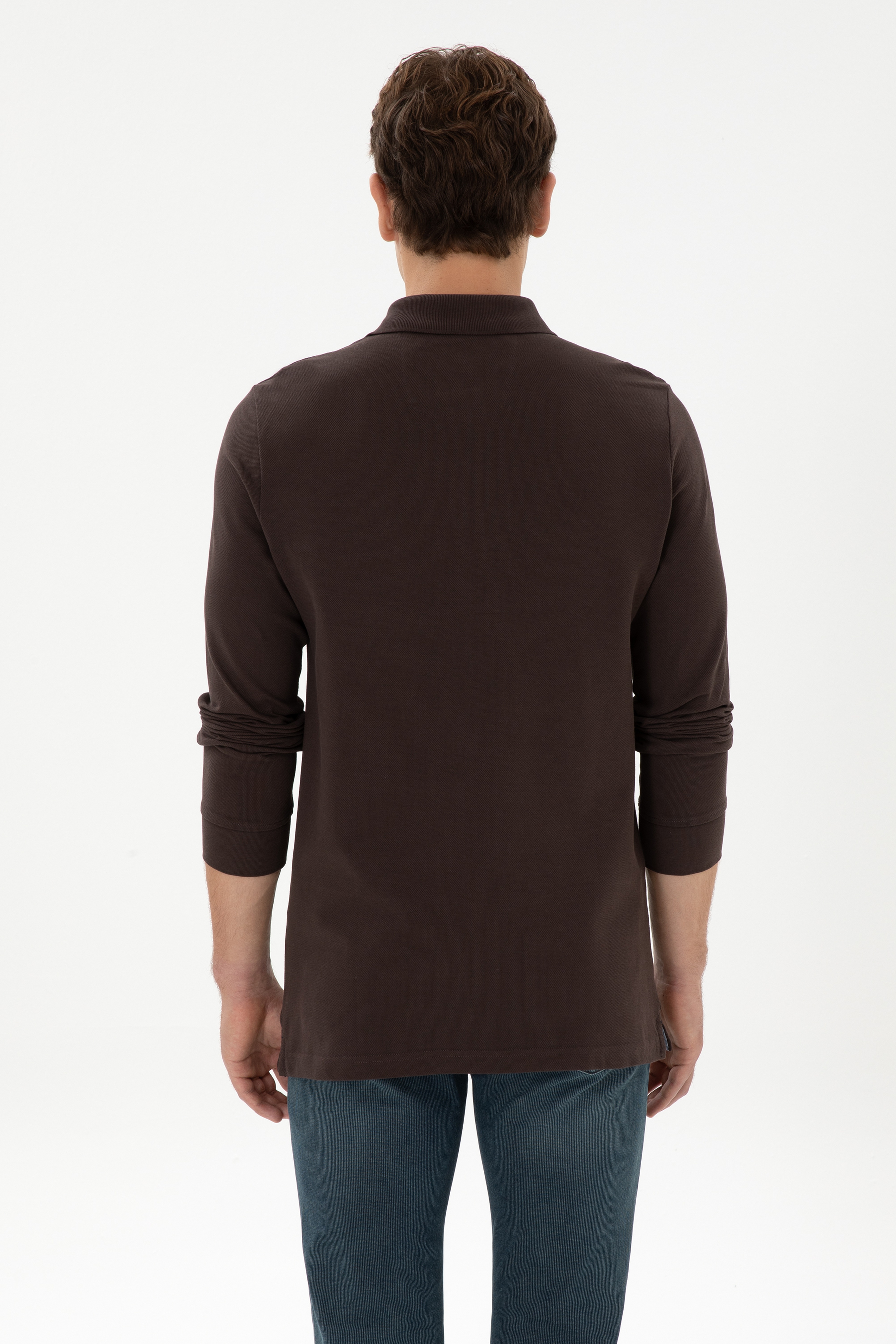Erkek Regular Fit Polo Yaka Koyu Kahverengi Basic Sweatshirt