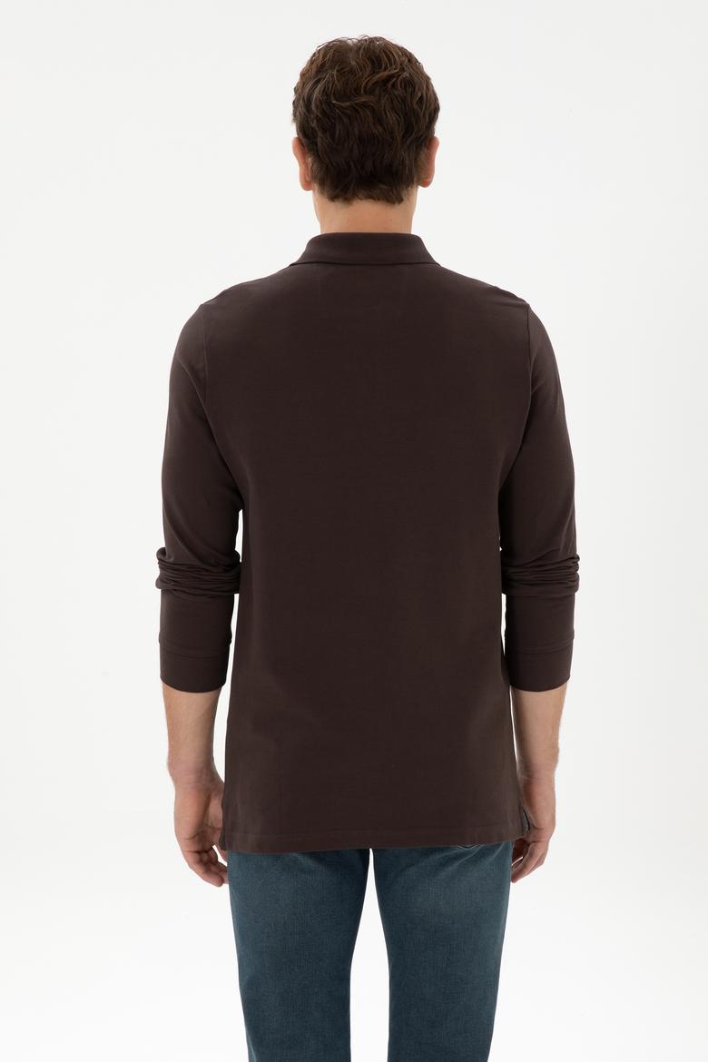 Erkek Regular Fit Polo Yaka Koyu Kahverengi Basic Sweatshirt - 50317510008