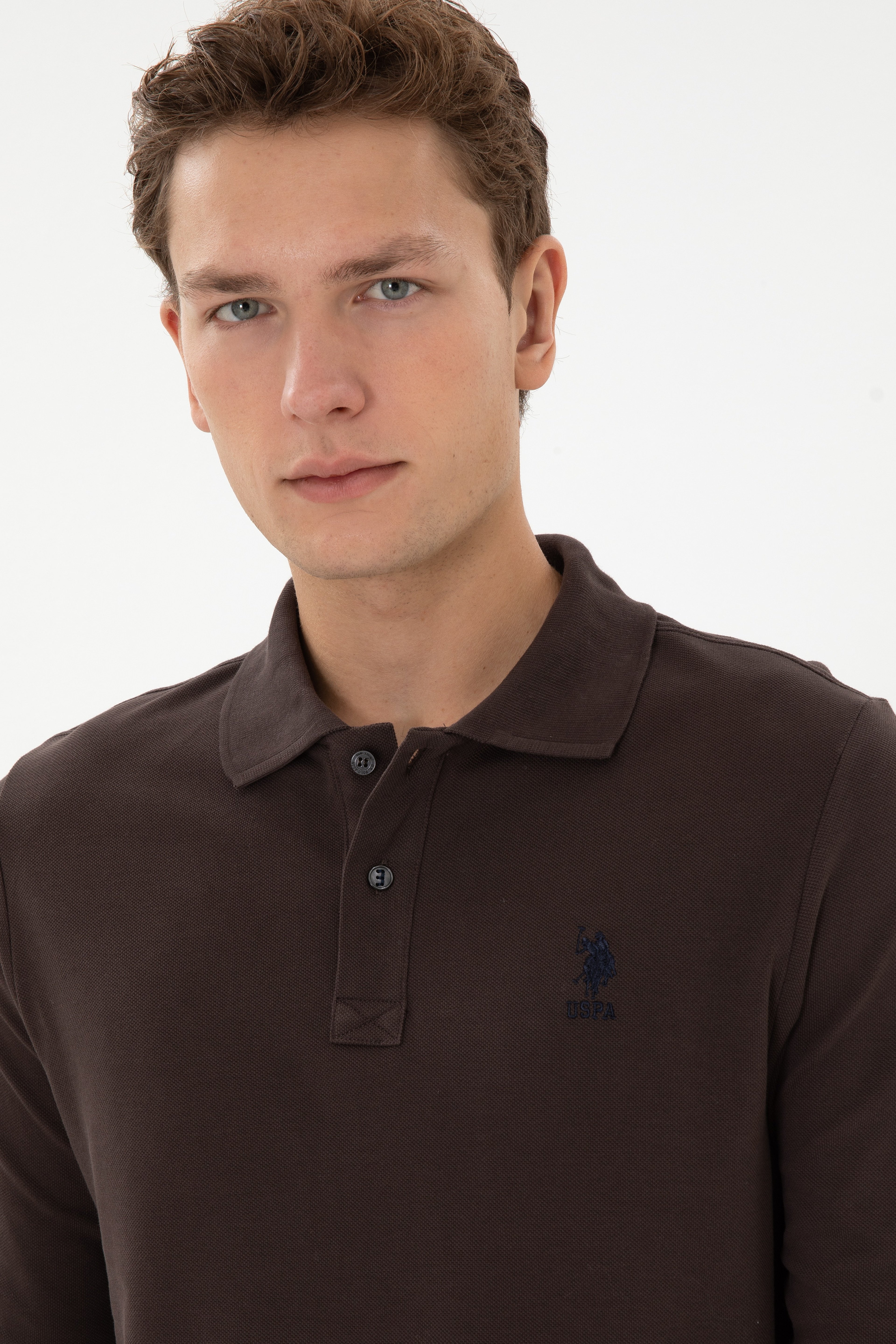 Erkek Regular Fit Polo Yaka Koyu Kahverengi Basic Sweatshirt - Image 2