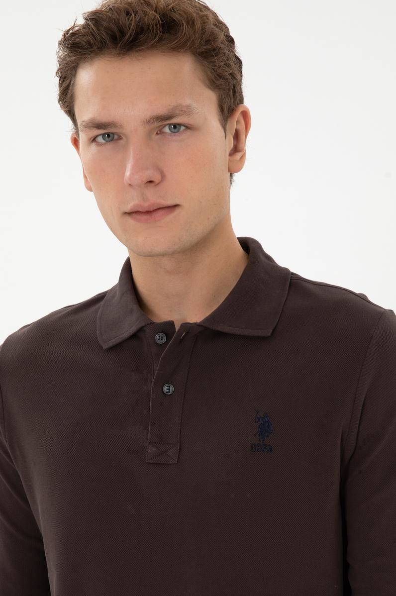 Erkek Regular Fit Polo Yaka Koyu Kahverengi Basic Sweatshirt