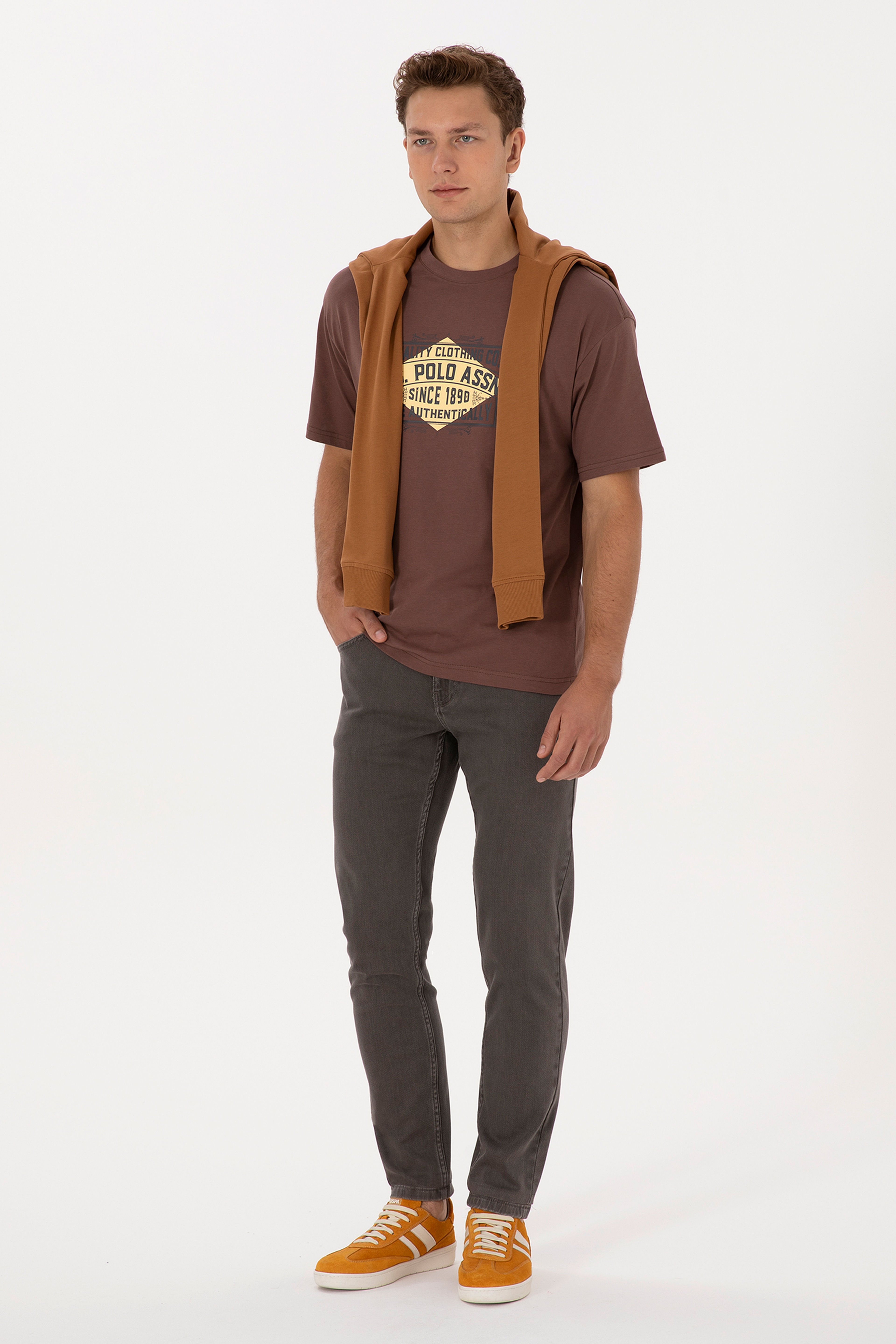Erkek Comfort Fit Bisiklet Yaka Kahverengi Tişört - Image 4