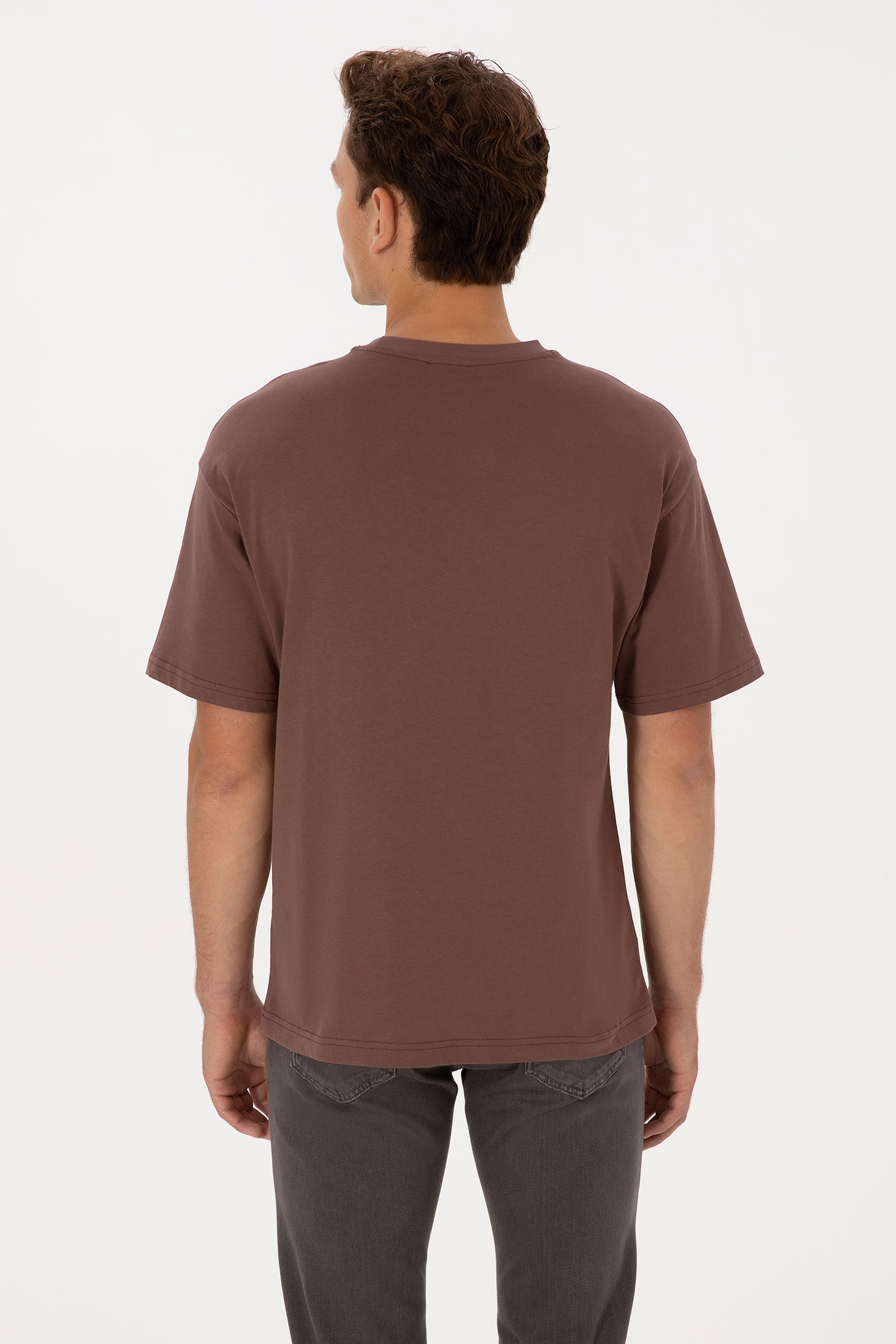 Erkek Comfort Fit Bisiklet Yaka Kahverengi Tişört - Image 5