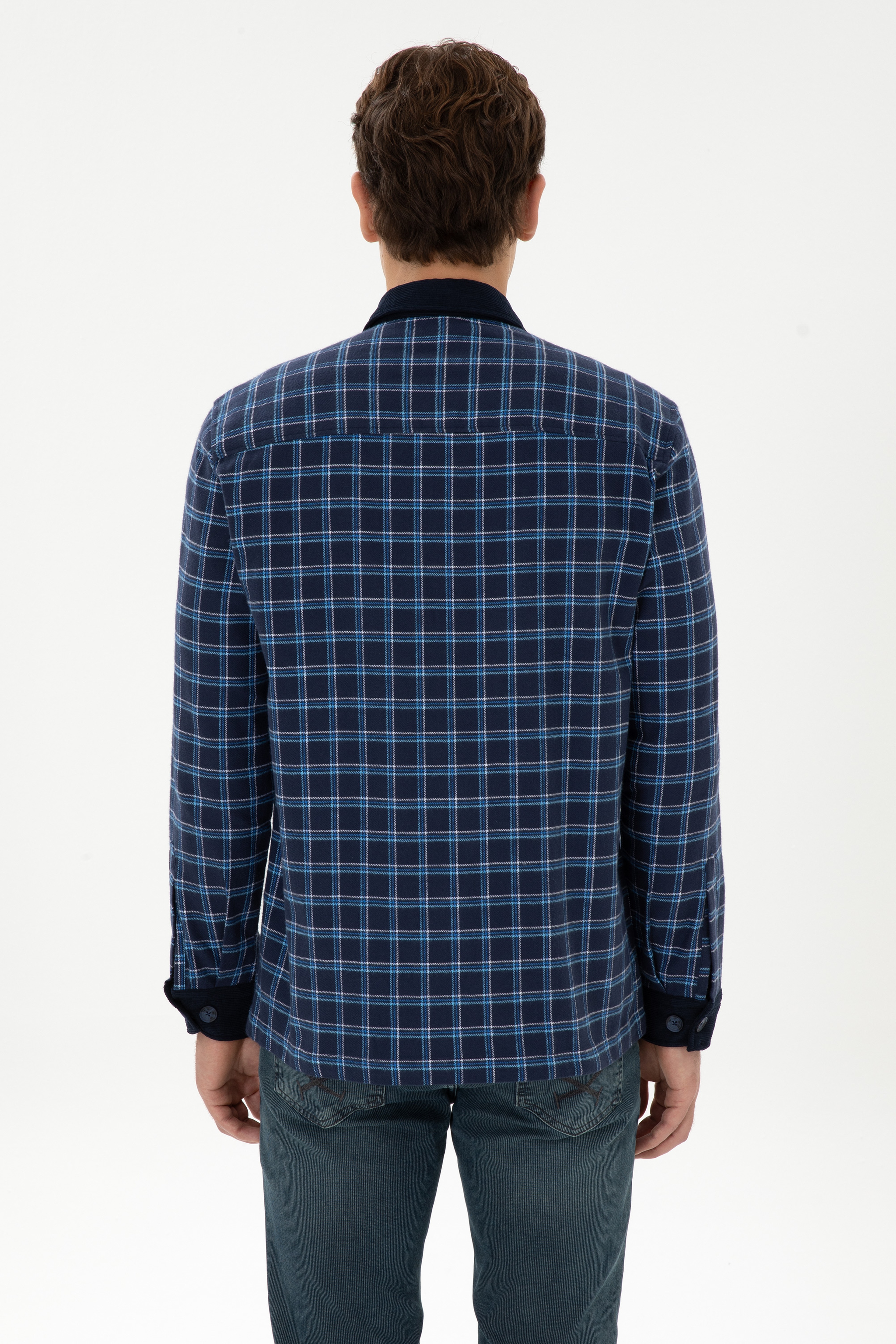Erkek İndigo Uzun Kollu Cepli Ekoseli Gömlek - Image 5